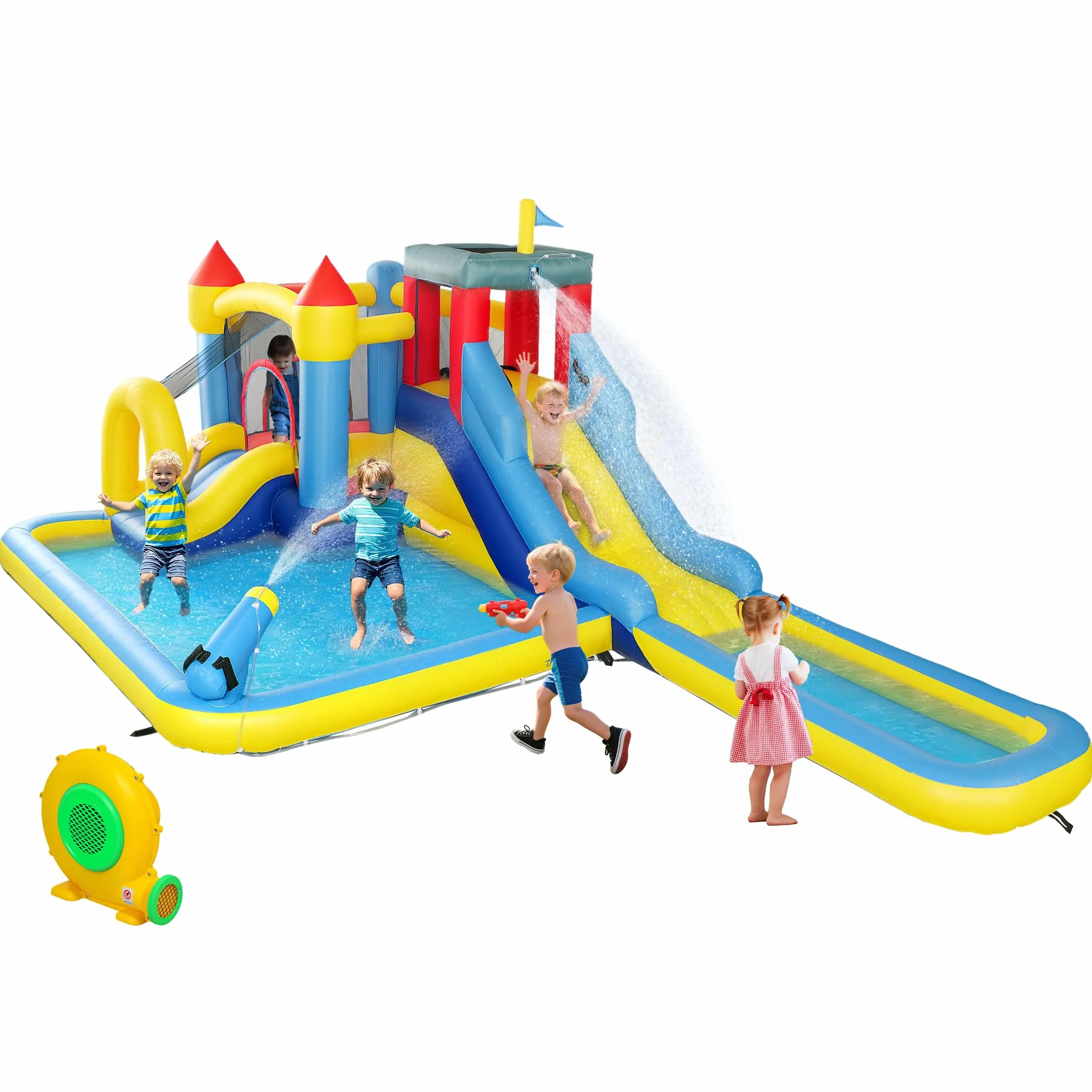 AIYAPLAY Château Gonflable 6 en 1 Parc Aquatique avec Toboggans, Trampoline, Mur d'escalade, Canon, Panier de Basket, pour 4 Enfants 3-8 Ans