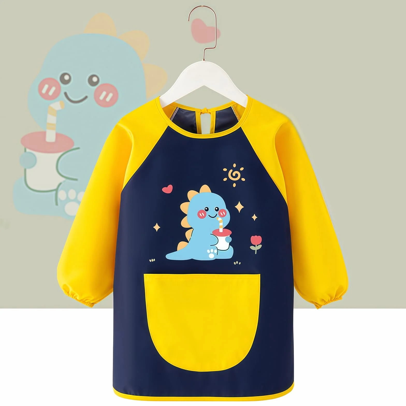 Tablier Peinture Enfant 3-8 Ans Imperméable avec Poches pour École Cuisine Garçon Fille Dinosaure