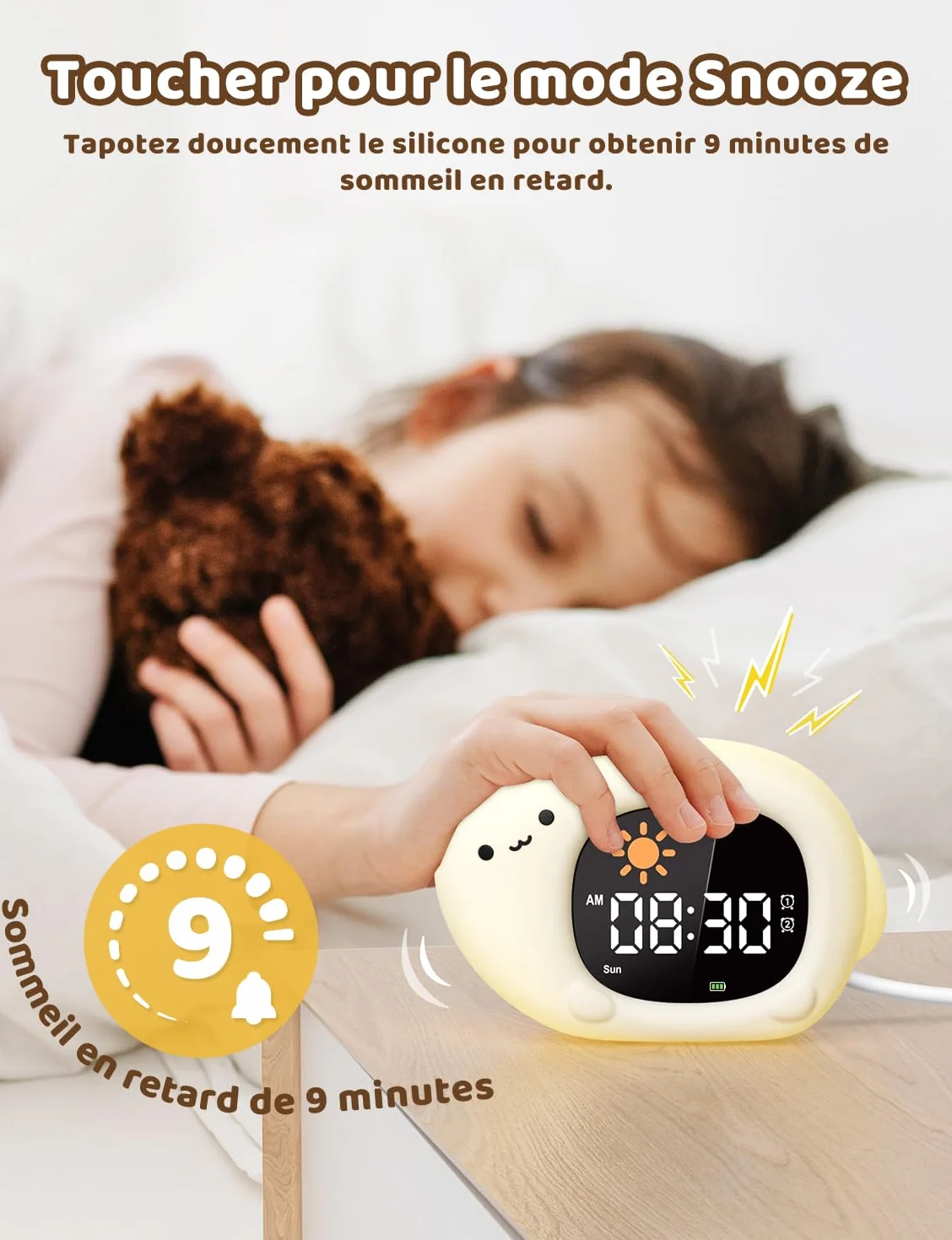 YISSVIC Réveil Enfant Educatif Jour Nuit 2 Alarme 12/24 Heure Snooze Luminosité Réglable 7 Couleurs 10 Chansons Chat