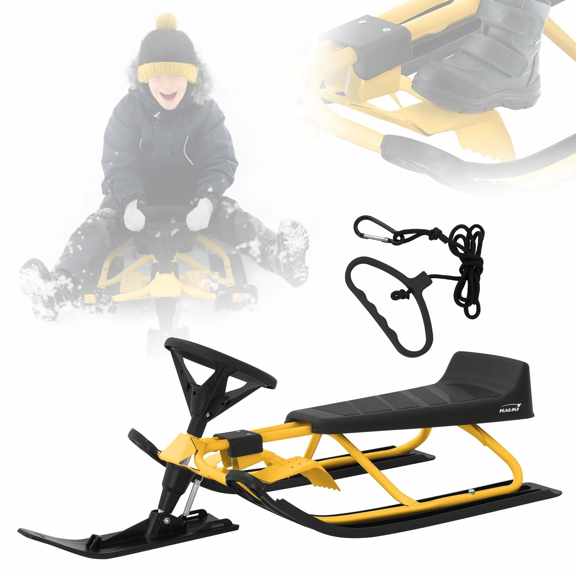 ECD Germany Lenkschlitten, Kinderschlitten Rodel AB 5 Jahre, Skibob für Kinder und Erwachsene BIS 90 kg, Schlitten mit Lenkrad, Fußbremse, Zugseil, Sitz mit Rückenlehne, Stahlrahmen, 119 x 38 x 50 cm