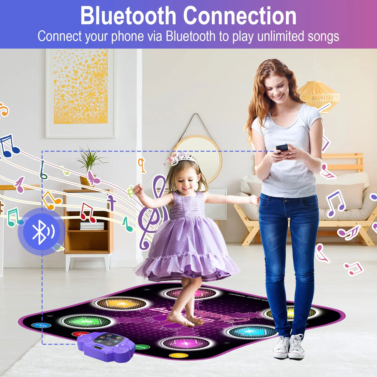 Tapis de Danse Enfants Filles Bluetooth LED Lumière Musique avec 6 Flèches Volume Réglable Cadeau