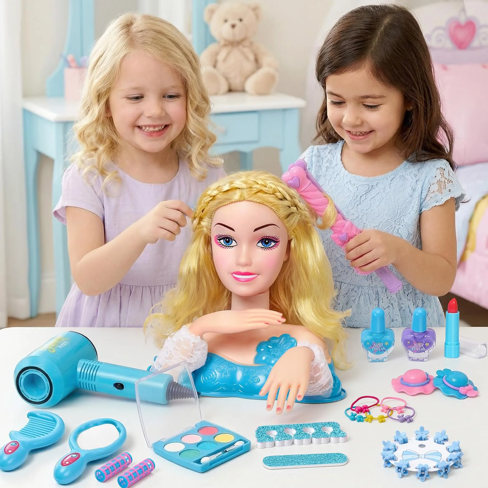 Vamei Tête à Coiffer Enfant 3-8 Ans avec Sèche-Cheveux & Maquillage, 20+ Accessoires Coiffure, Jouet Fille Salon de Beauté