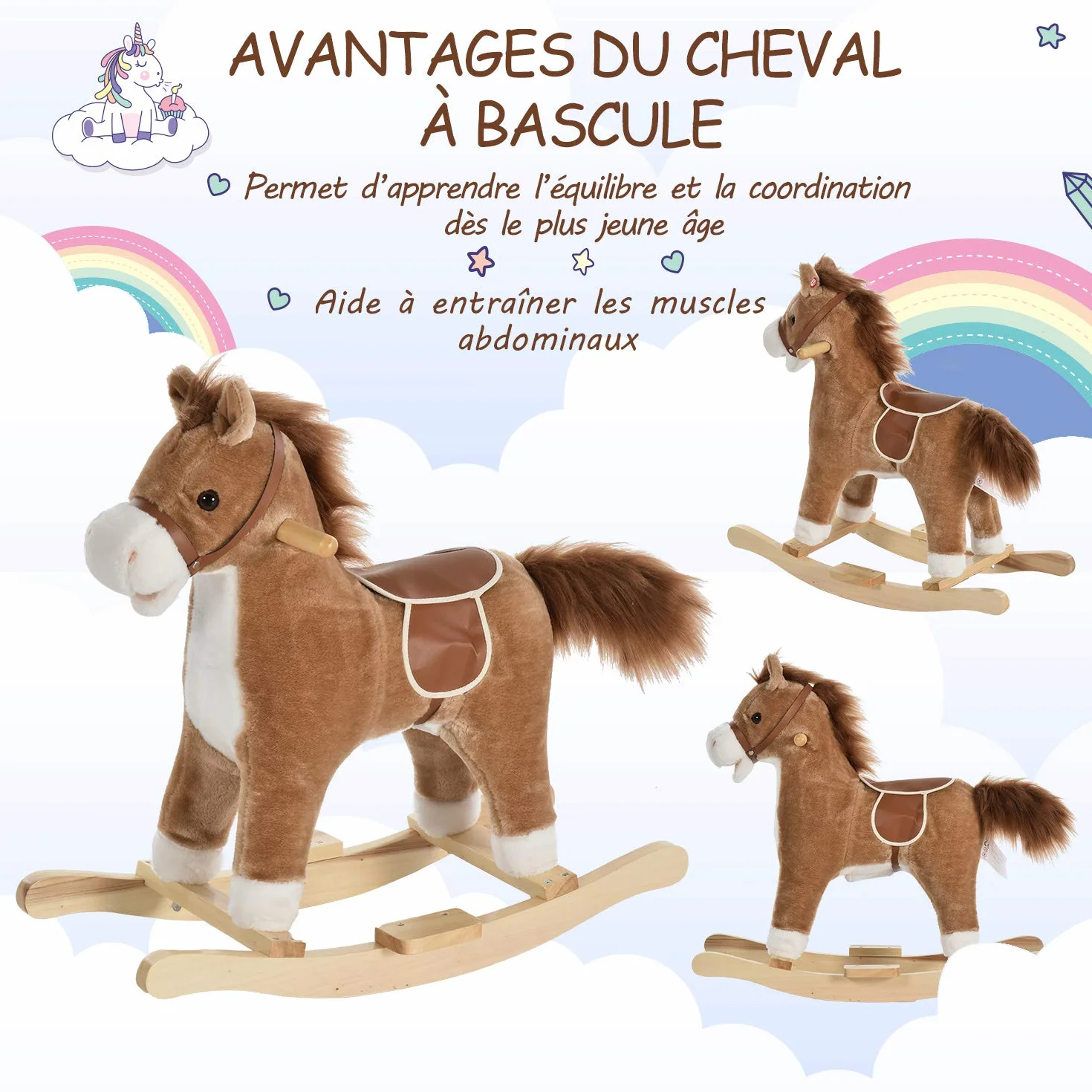 HOMCOM Cheval à Bascule Selle Grand Confort Peluche Bois Peuplier Brun 65x32,5x61 cm