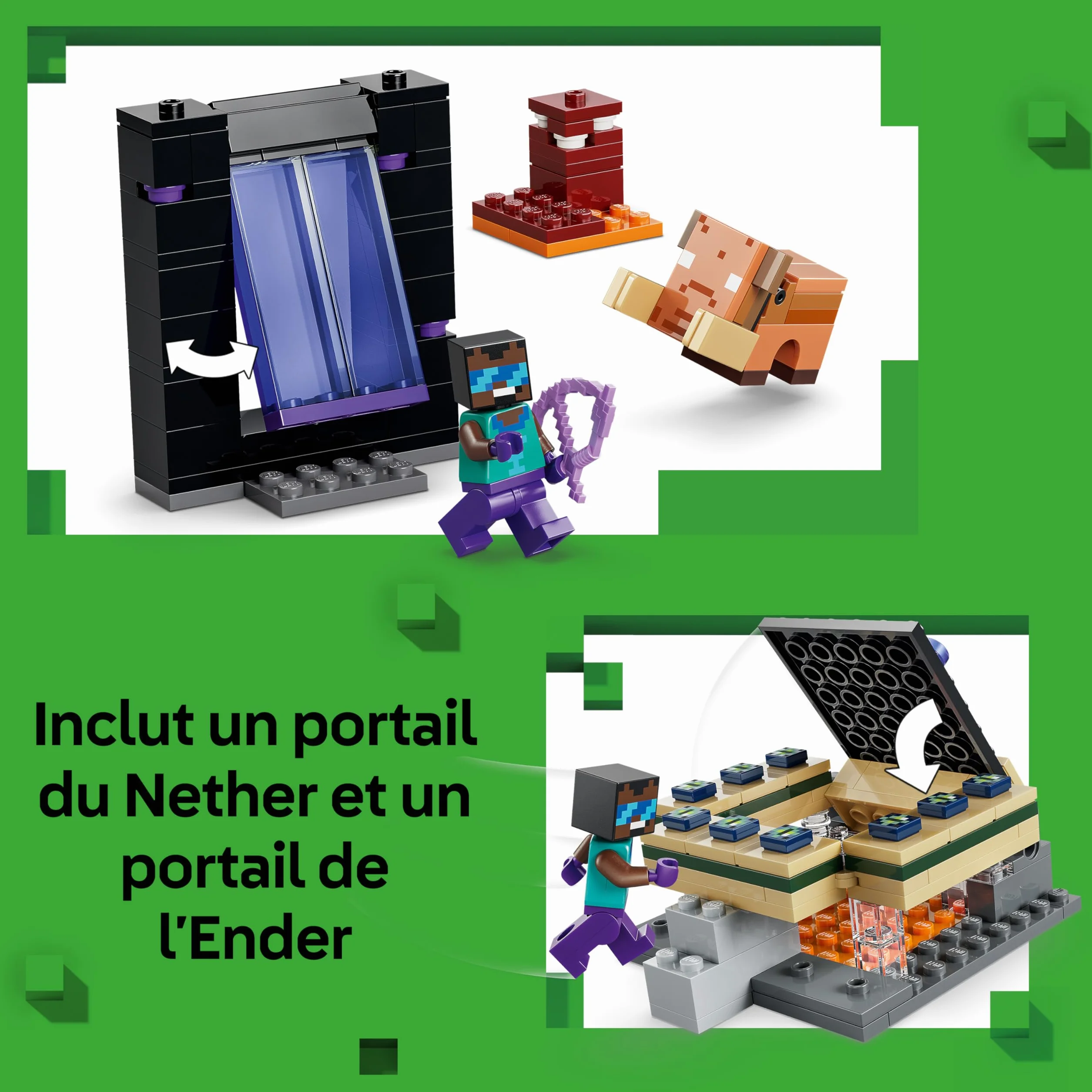 LEGO Minecraft Voyage à Travers Les Portails du Nether et de l’Ender Jouet de Construction Figurines Mobs Héros Enderman Bébé Hoglin Cadeau Gaming 7 Ans