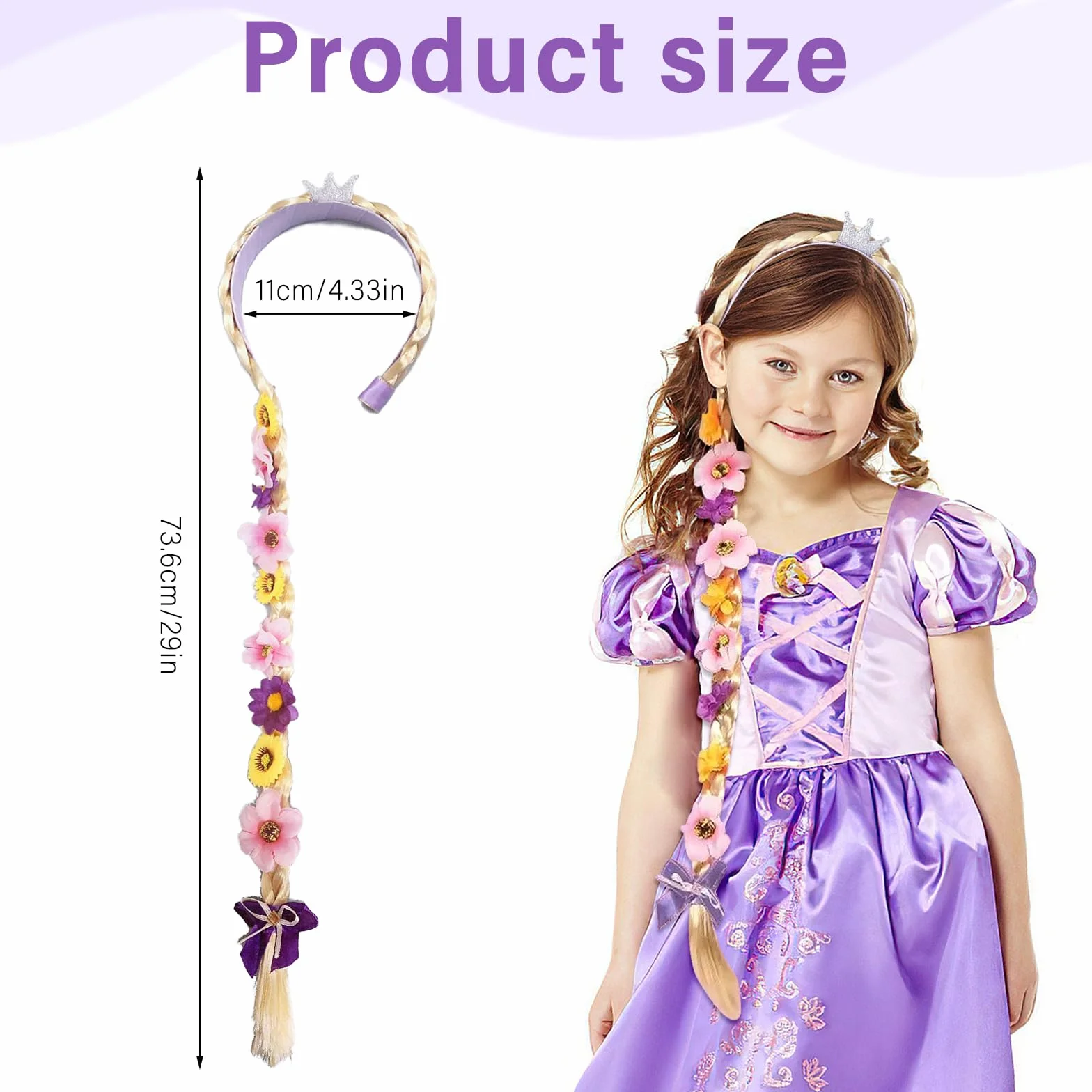 Perruque Tressée Raiponce Enfant Fille Bandeau Princesse Cheveux Extensions pour Carnaval Halloween Fête Cosplay