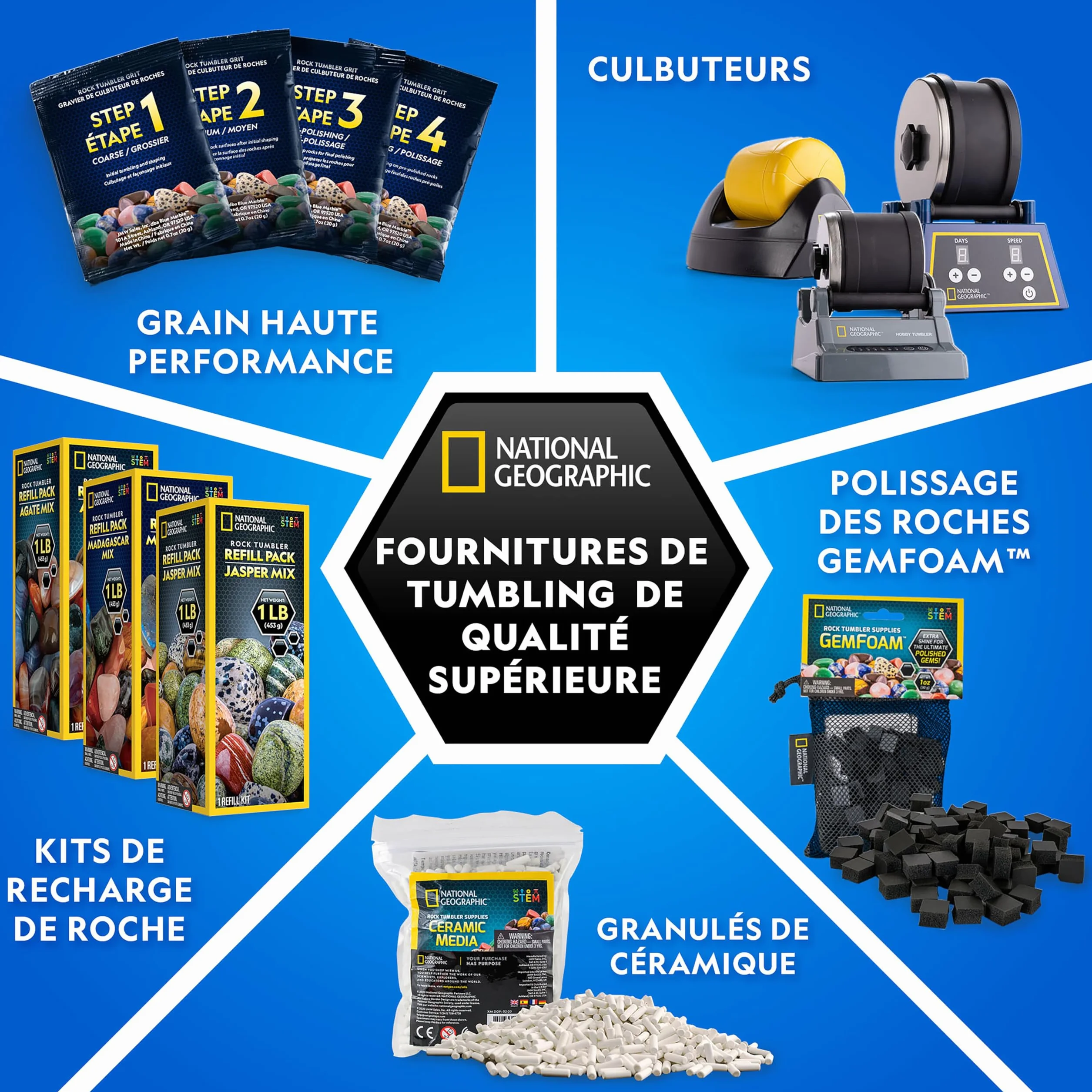 National Geographic Polisseuse de Pierres Recharge 453g Gemmes Minéraux Bruts Améthyste Quartz Kit Polissage Accessoires Bijoux