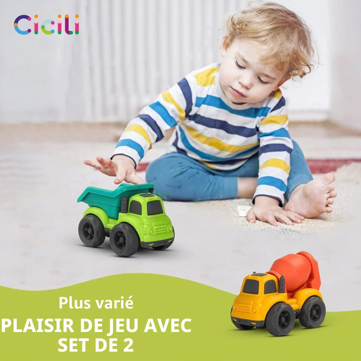 Petite Voiture Enfant 2 Pièces Mini Voiture Jouet Camion Plastique Biologique Voiture Enfant Garçons Filles Jouets Sable Véhicules Friction Vert 1 2 3 Ans