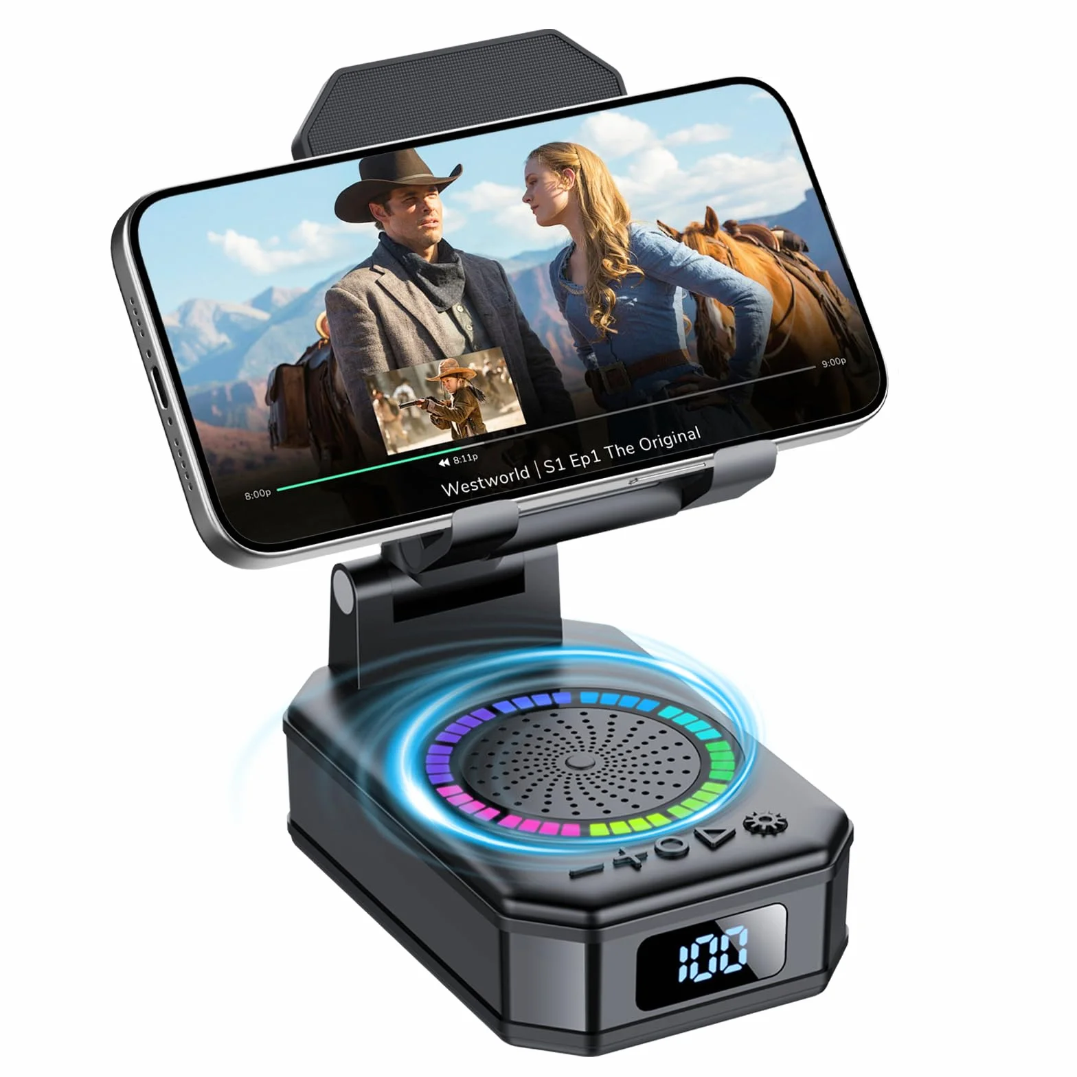 Enceinte Bluetooth 4-en-1 avec Support Téléphone, Recharge Pliable, 7 RGB, Cadeau Homme Fête des Pères