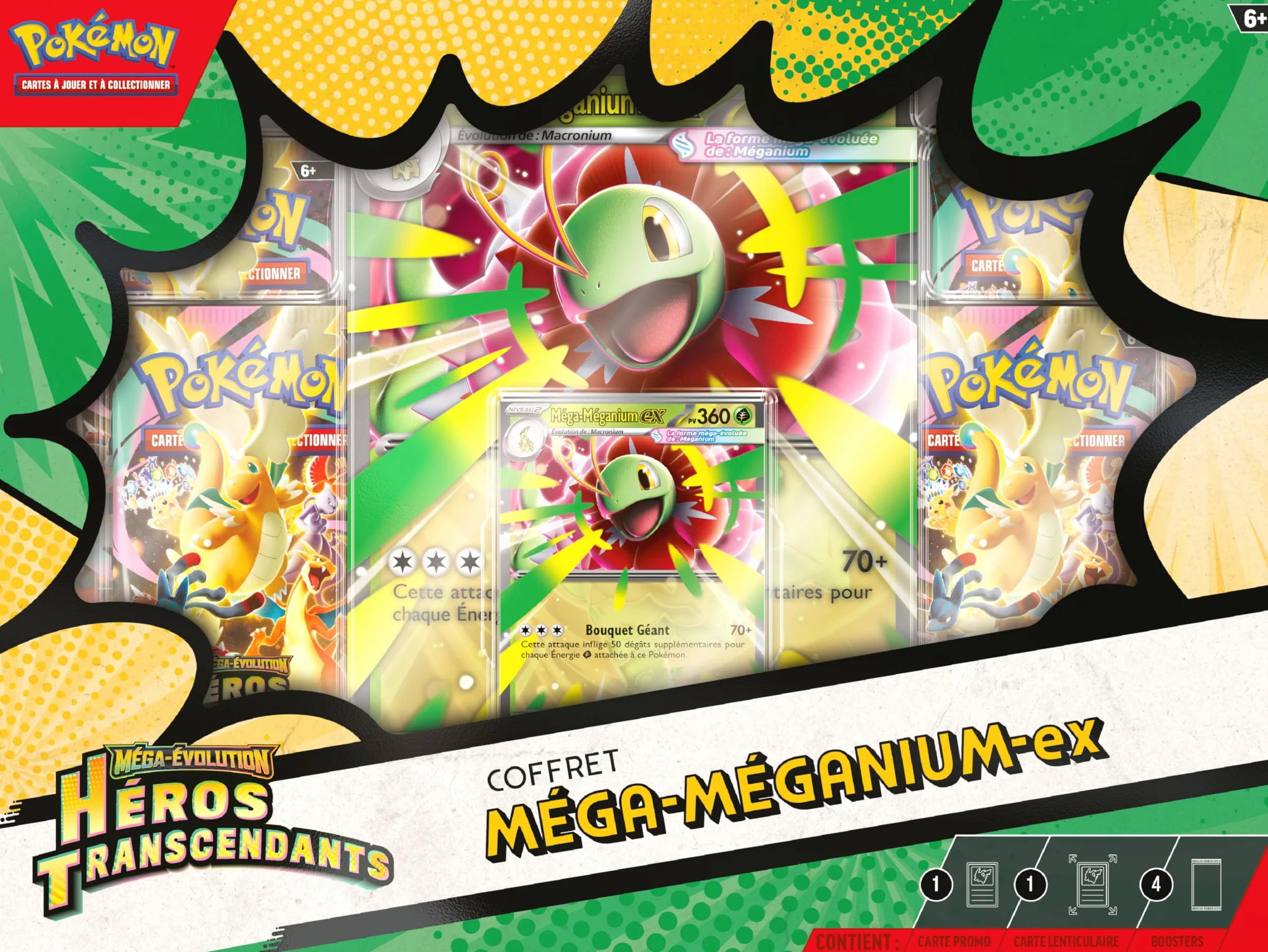 Pokémon Coffret Méga-Évolution Héros Transcendants Méga-Méganium-ex Carte Promo Brillante Grand Format Lenticulaire 4 Boosters
