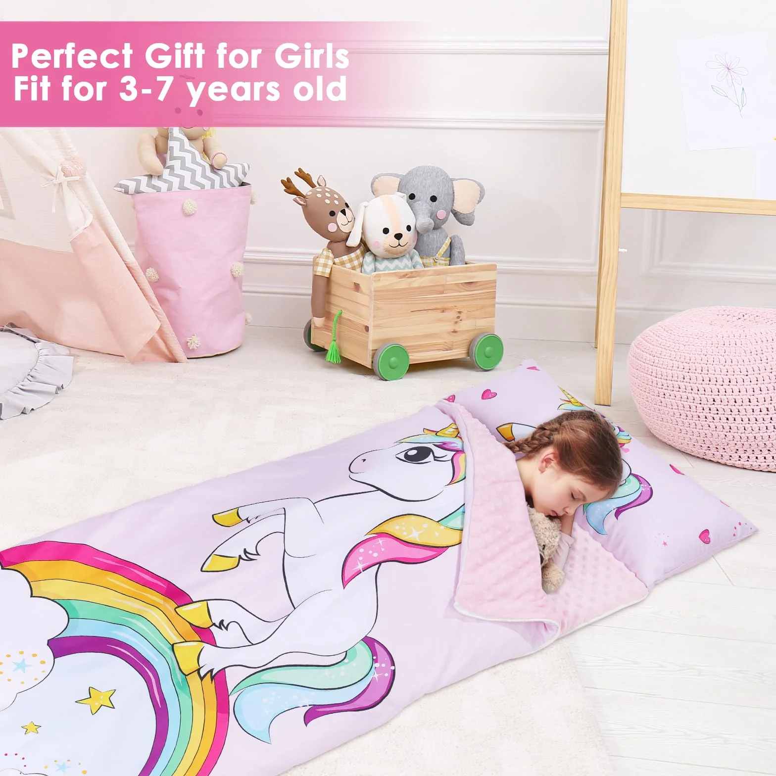 Sac de Couchage Chaud pour Enfants avec Oreiller Amovible, Double Fermeture Eclair pour Camping Ecole Garderie