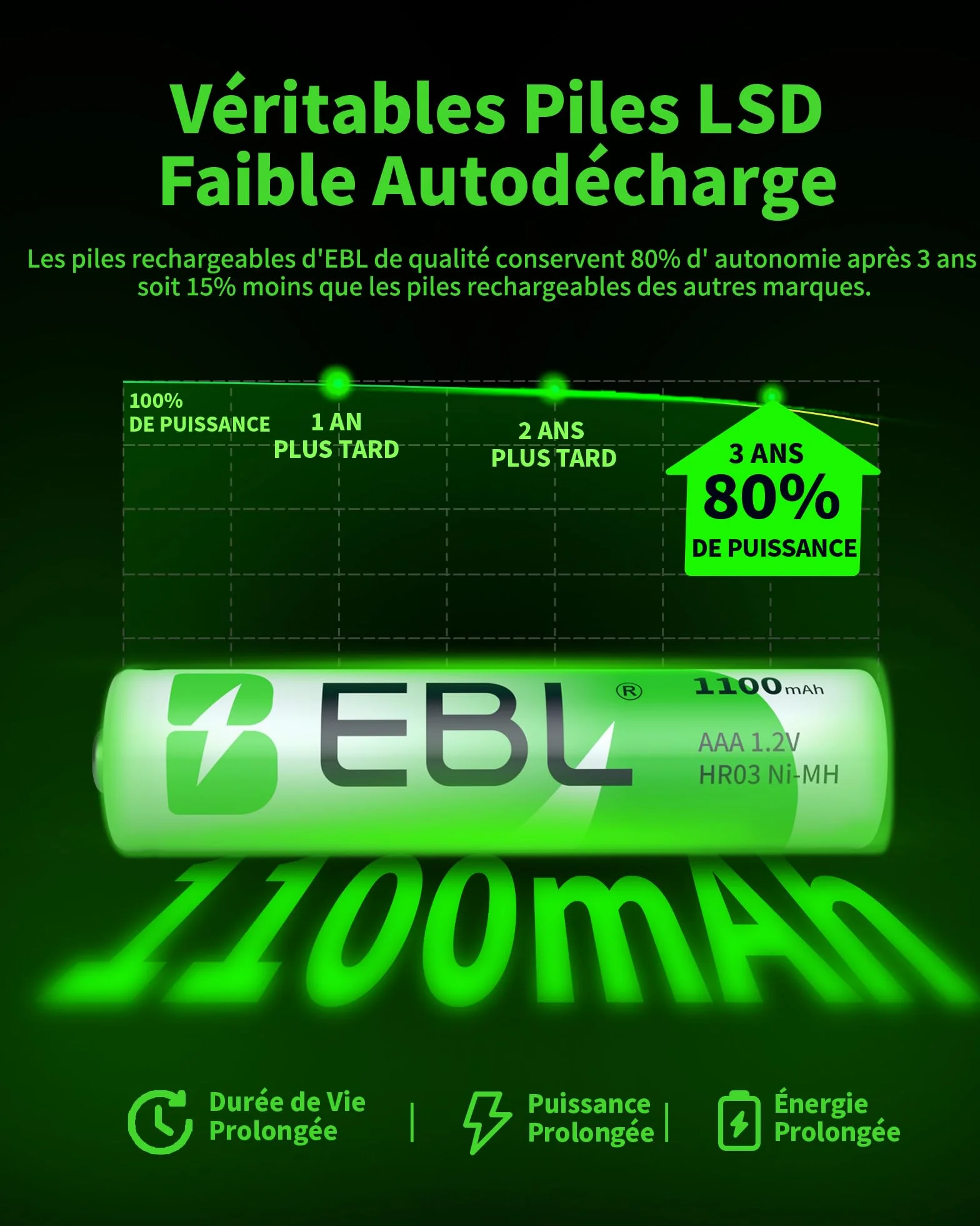 EBL Piles Rechargeables AAA 1100mAh 1,2V Ni-MH Haute Capacité avec Boîte de Stockage