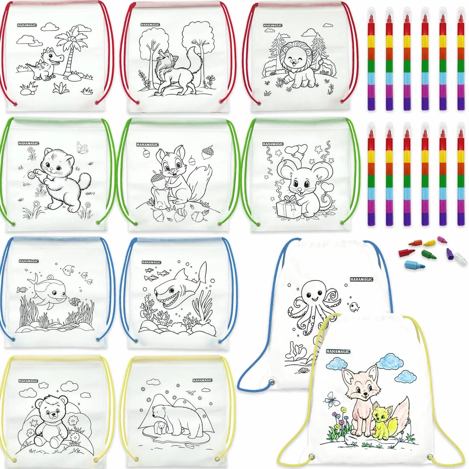 Sacs à Dos à Colorier avec Crayons de Couleur empilables pour Enfant, Sac Anniversaire Enfant, Cadeau Noel