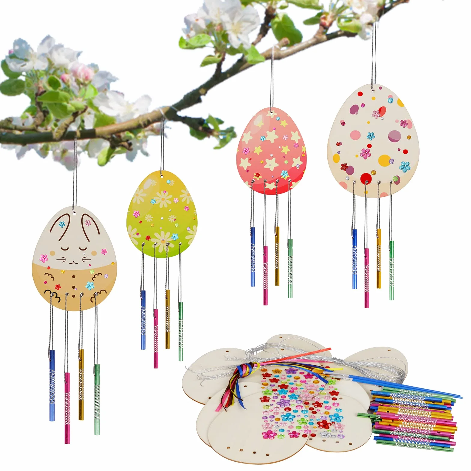 Oeuf de Paques en Bois Carillon à Vent Enfant Artisanat à Peindre 10Pcs