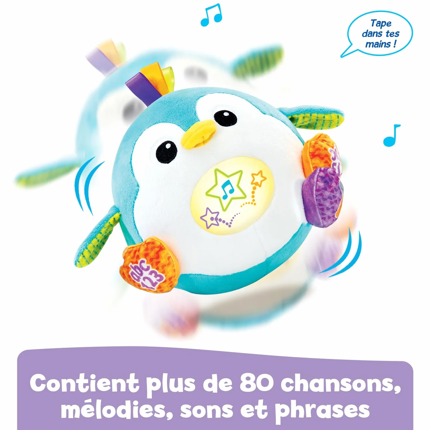 VTech Rouli'Pingouin Balle Magique Peluche Interactive Bébé Qui Répète, Saute et Roule - Balle Bébé Éveil Musical, Pingouin Jouet Sensoriel - Cadeau Enfant Dès 1 an