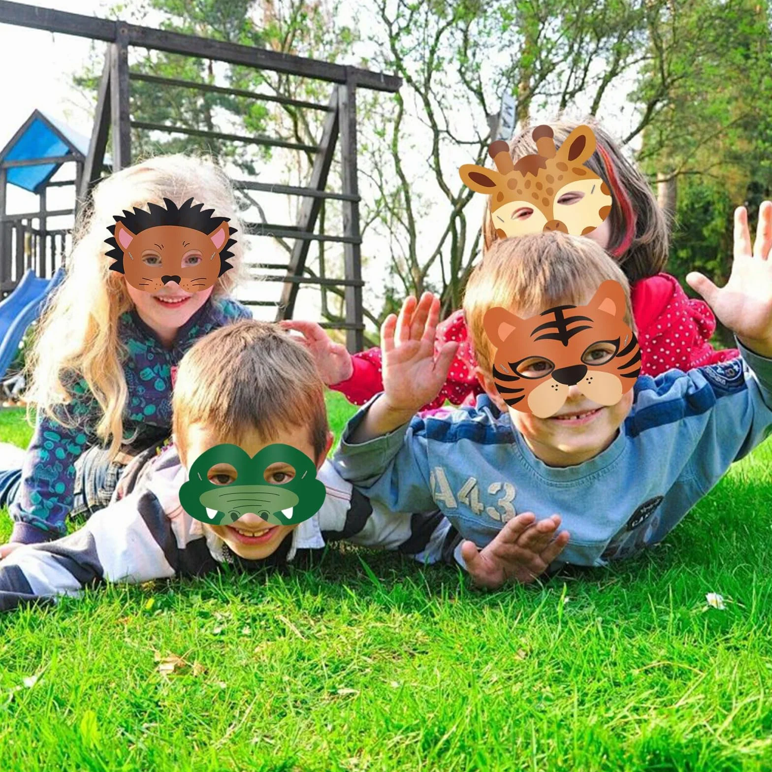 Masque Animaux Enfant 16 Pièces Jungle avec Corde Élastique Anniversaire Halloween Carnaval