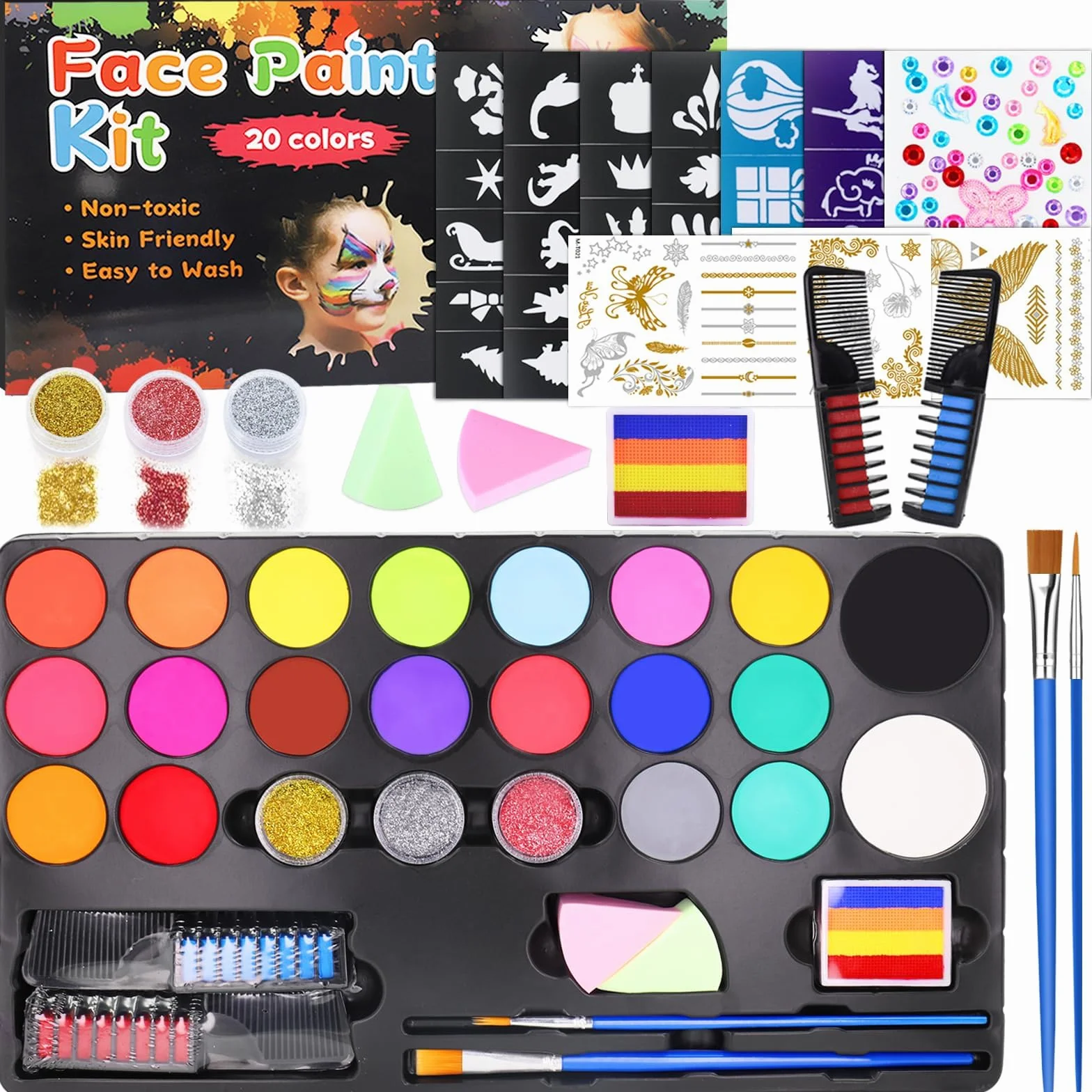 Peinture Corporelle Visage 20 Couleurs Palette Maquillage Enfants avec 2 Pinceaux 60 Pochoirs Halloween Noël Carnaval