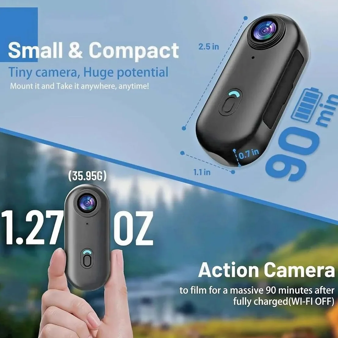 Caméra Action WiFi 4K Mini Sportive POV 170° Étanche Aimant Action Cam pour Cyclisme Pêche Moto Vlog
