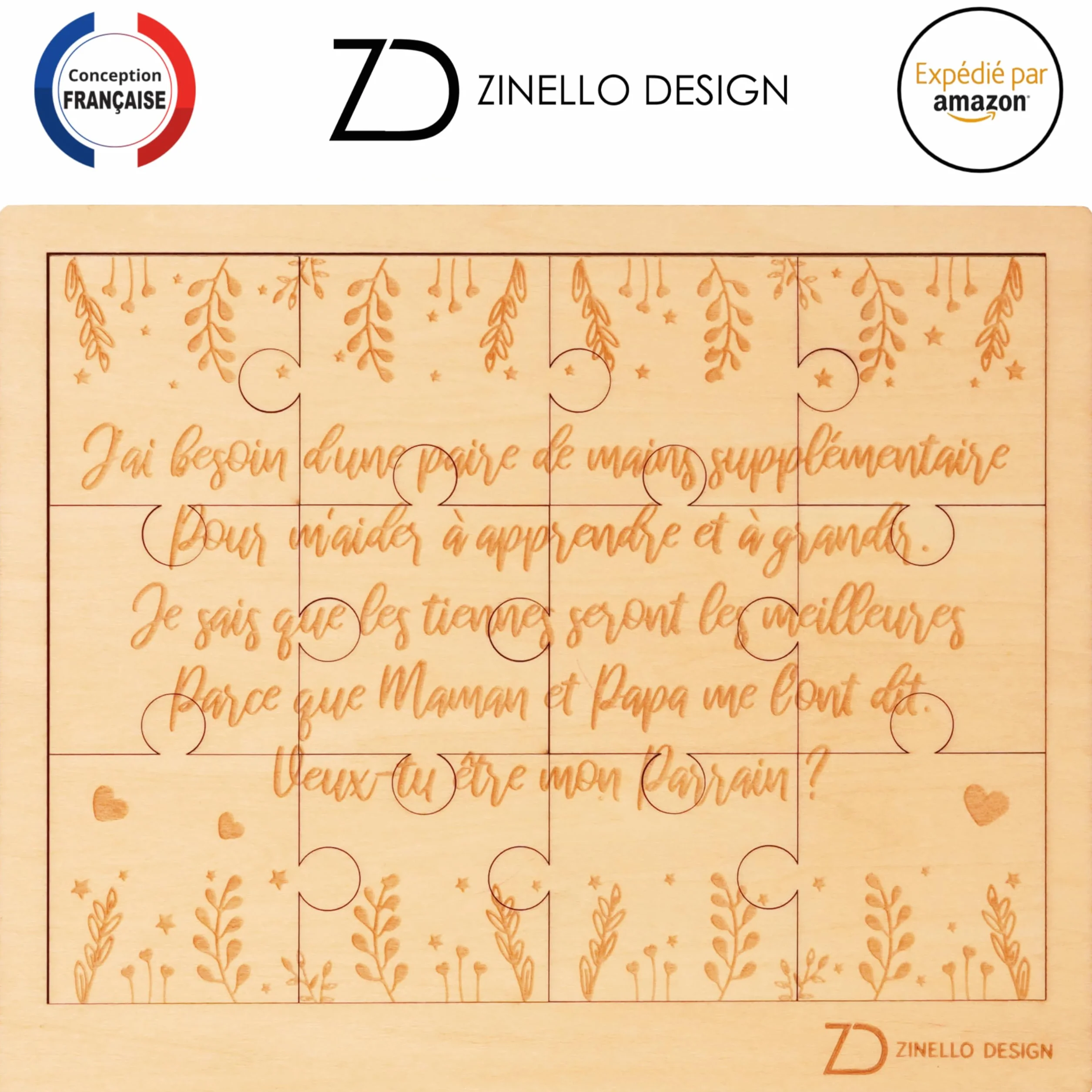 Puzzle en Bois Annonce Grossesse pour Parrain, Idée Cadeau Casse-Tête Original et Personnalisé avec Pochette Cadeau (Cadre)