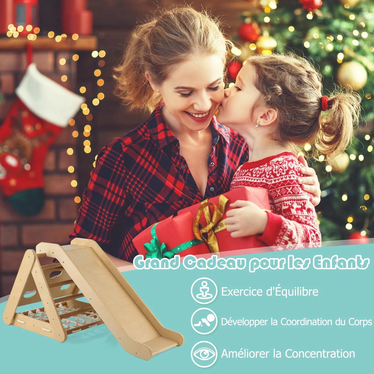 GOPLUS Triangle d'Escalade Montessori Enfants avec Filet à Grimper, Planche et Échelle, Toboggan, Charge 50KG, Aire de Jeux Intérieur pour Bébé 1 an+
