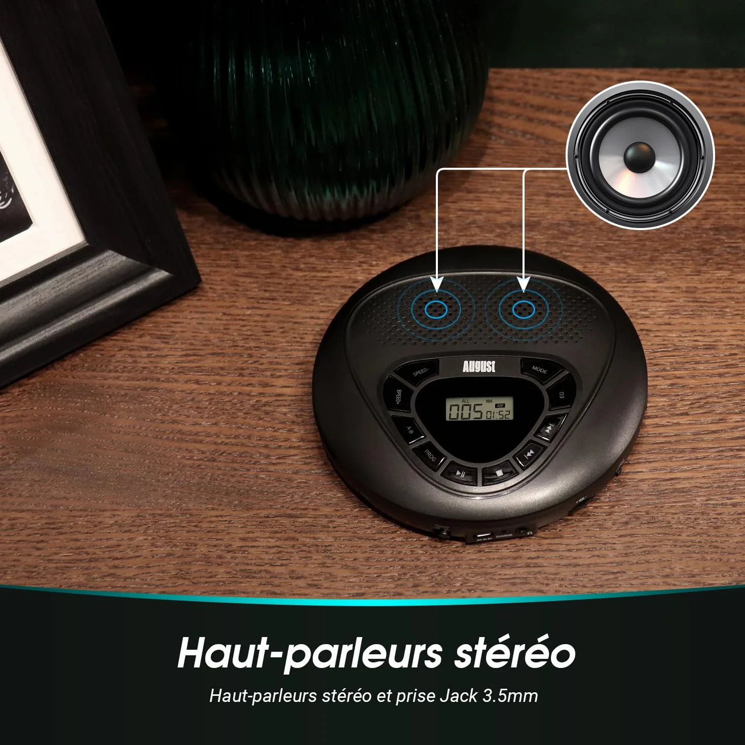 Lecteur CD Portable August SE10 Baladeur CD MP3 Rechargeable Antichocs Noir