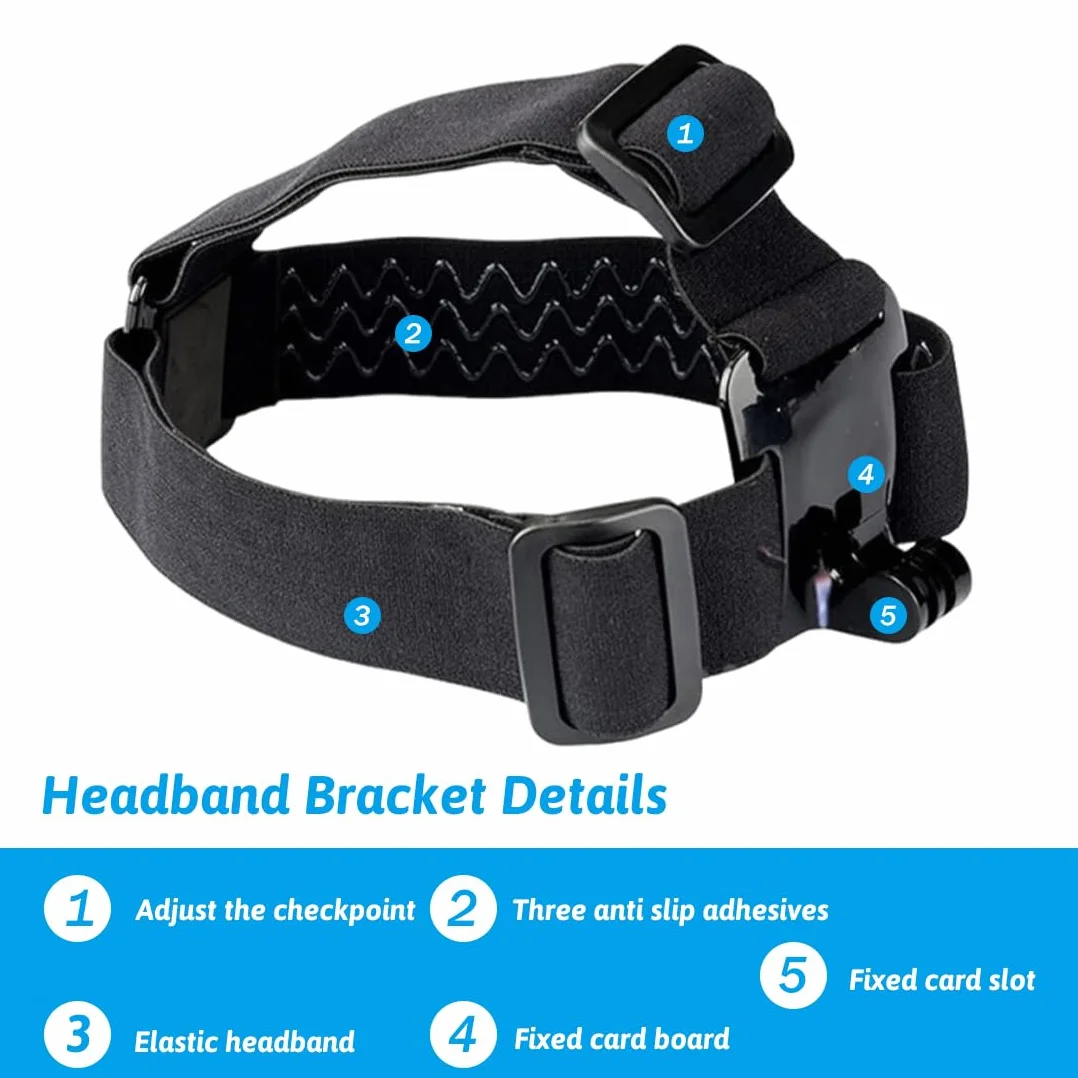 Casque Bandeau de Tête pour Caméra d'Action, Sangle Élastique Fixation, Compatible G0Pro Her05/6/7, DJi, insta360