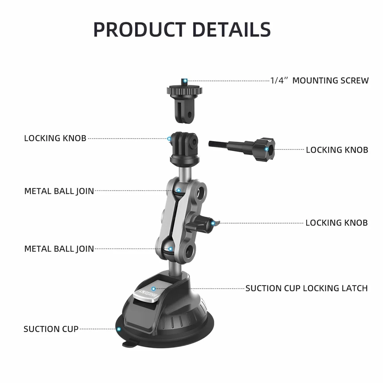 Support de Voiture à Ventouse pour GoPro Hero 13/12/11, Double Rotule 360°, Vis 1/4 Pouce, Compatible Insta360 X5/X4, DJI Osmo Action