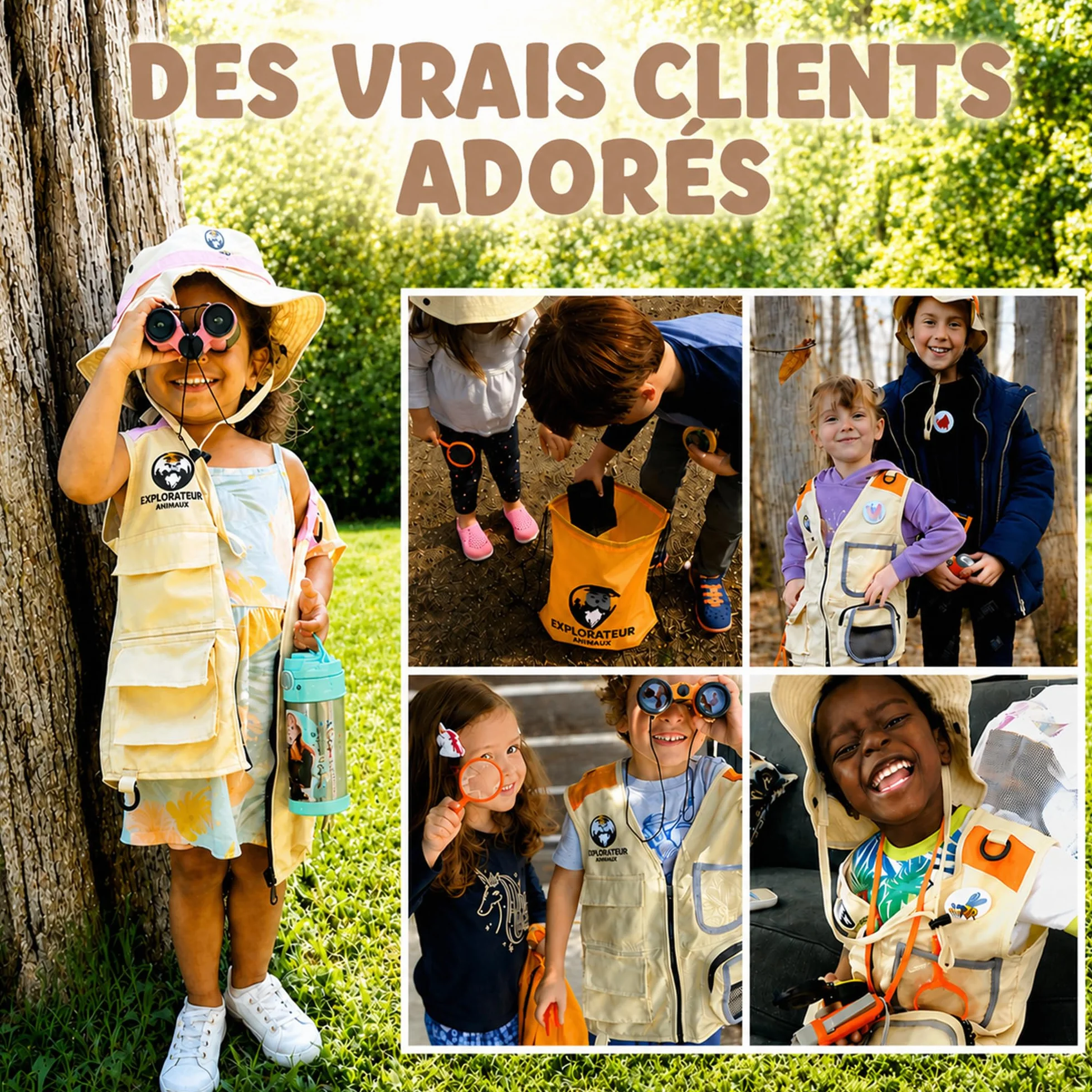 Kit Exploration Enfant Gilet Safari Chapeau Jumelles Boussole - Déguisement Aventurier Cadeau Garçons Filles 3-7