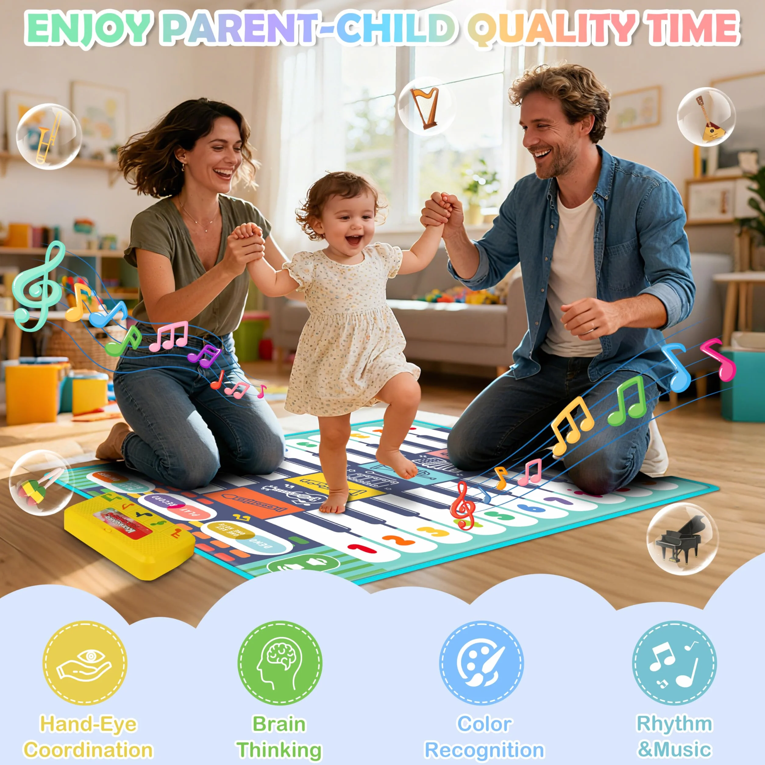Charmofun Tapis Piano Bebe Musical Enfant avec 8 Instruments 10 Chansons Intégrées Jouet pour 1-4 Ans
