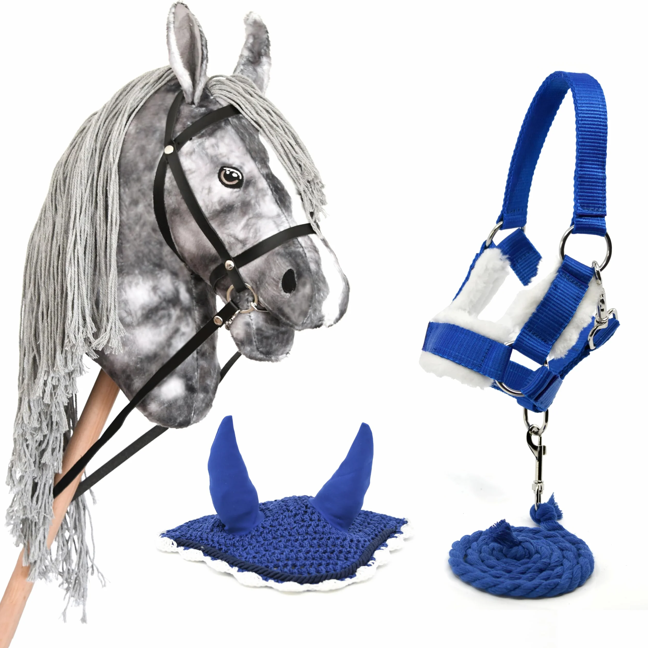 Hobby Horse Gris pommelé avec bridon licol moumoute longe bonnet Bleu Cheval bâton Accessoires