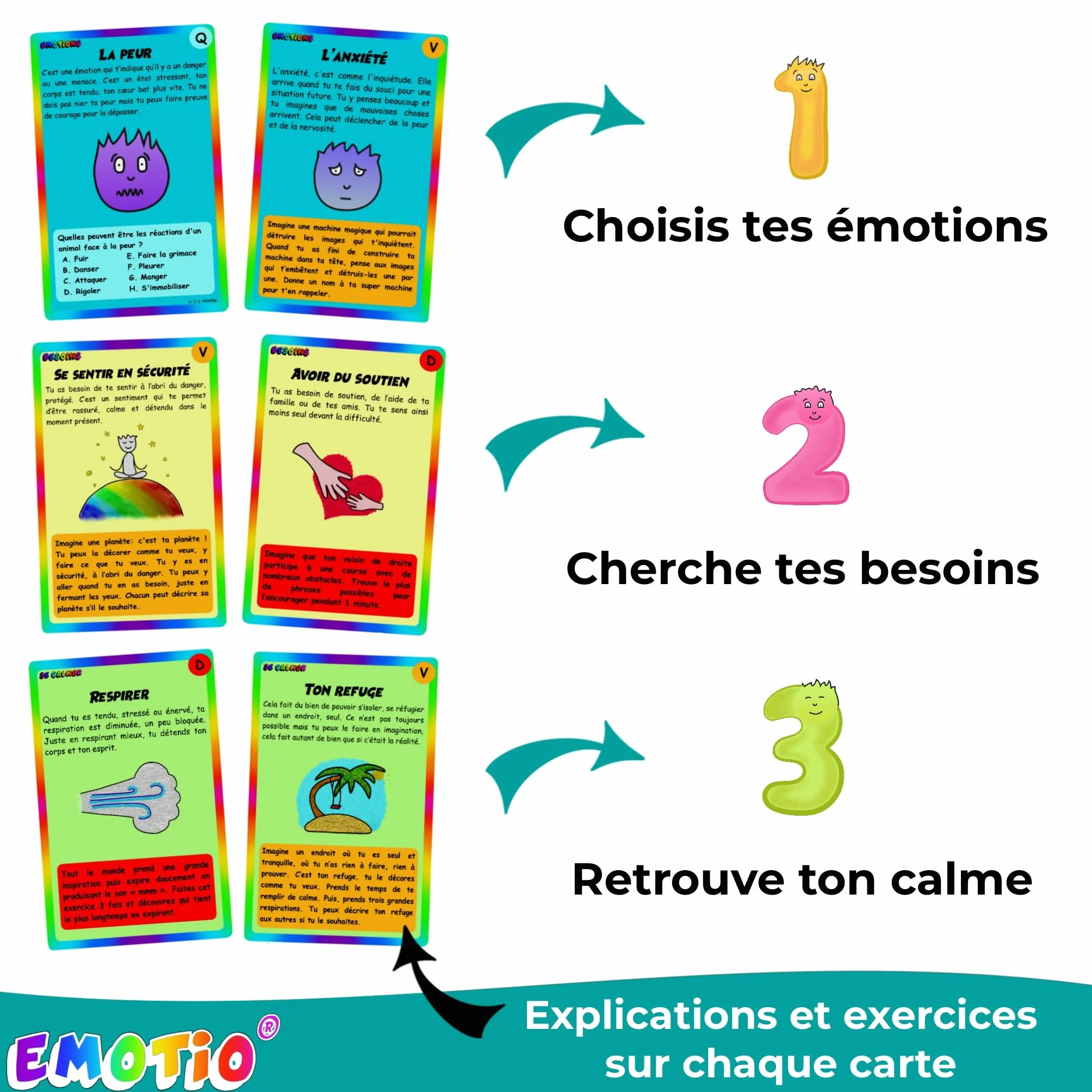 Jeu des émotions 48 cartes pédagogiques avec 3 thèmes fabriqué en France
