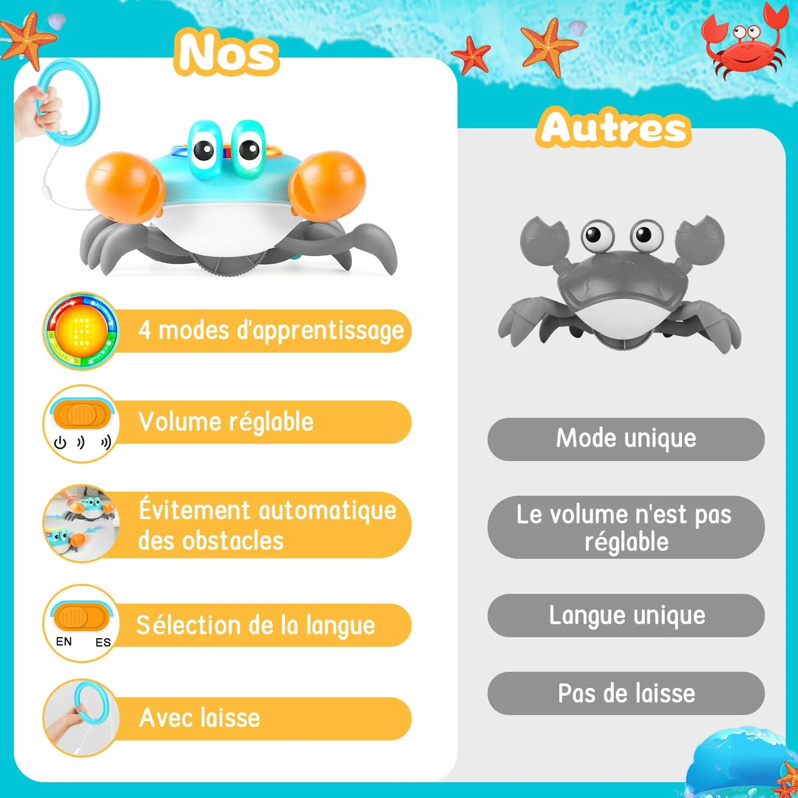 Jouet crabe électronique pour bébé avec musique et évitement des obstacles, cadeau pour enfants 3-7 ans