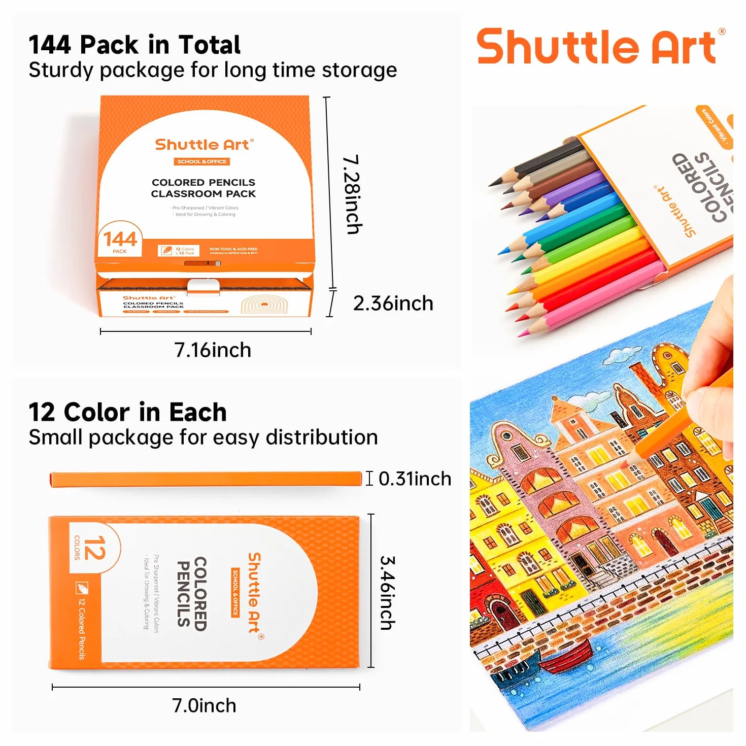 Shuttle Art 144 Crayon de Couleurs, Pack de 12, Pré-taillé, Fournitures Scolaires