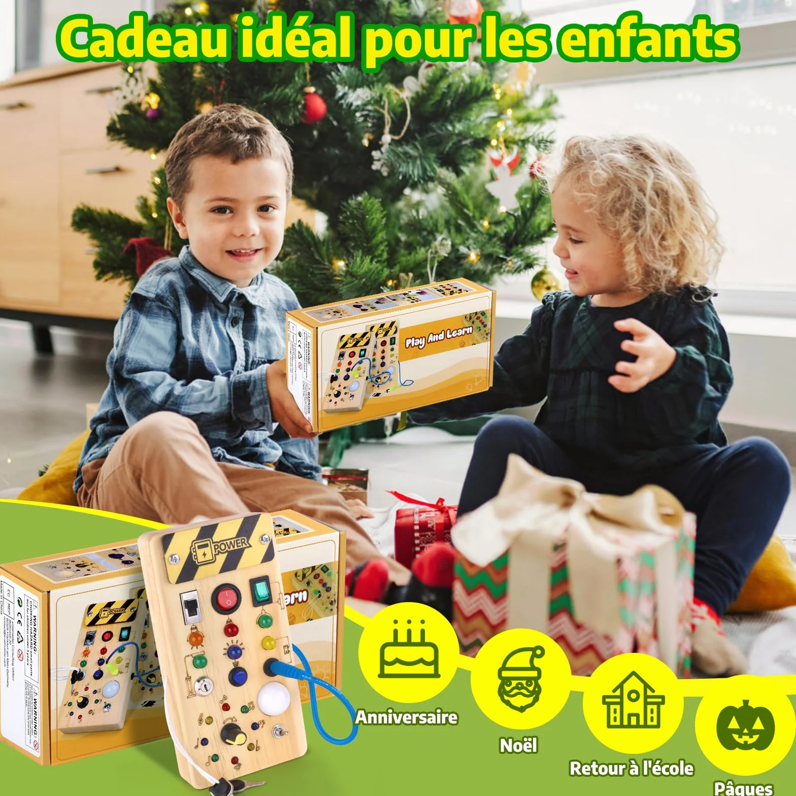 Hoarosall Montessori Busy Board en Bois avec Interrupteur Lumineux LED Jeux Educatif pour Enfant 1 2 3 Ans