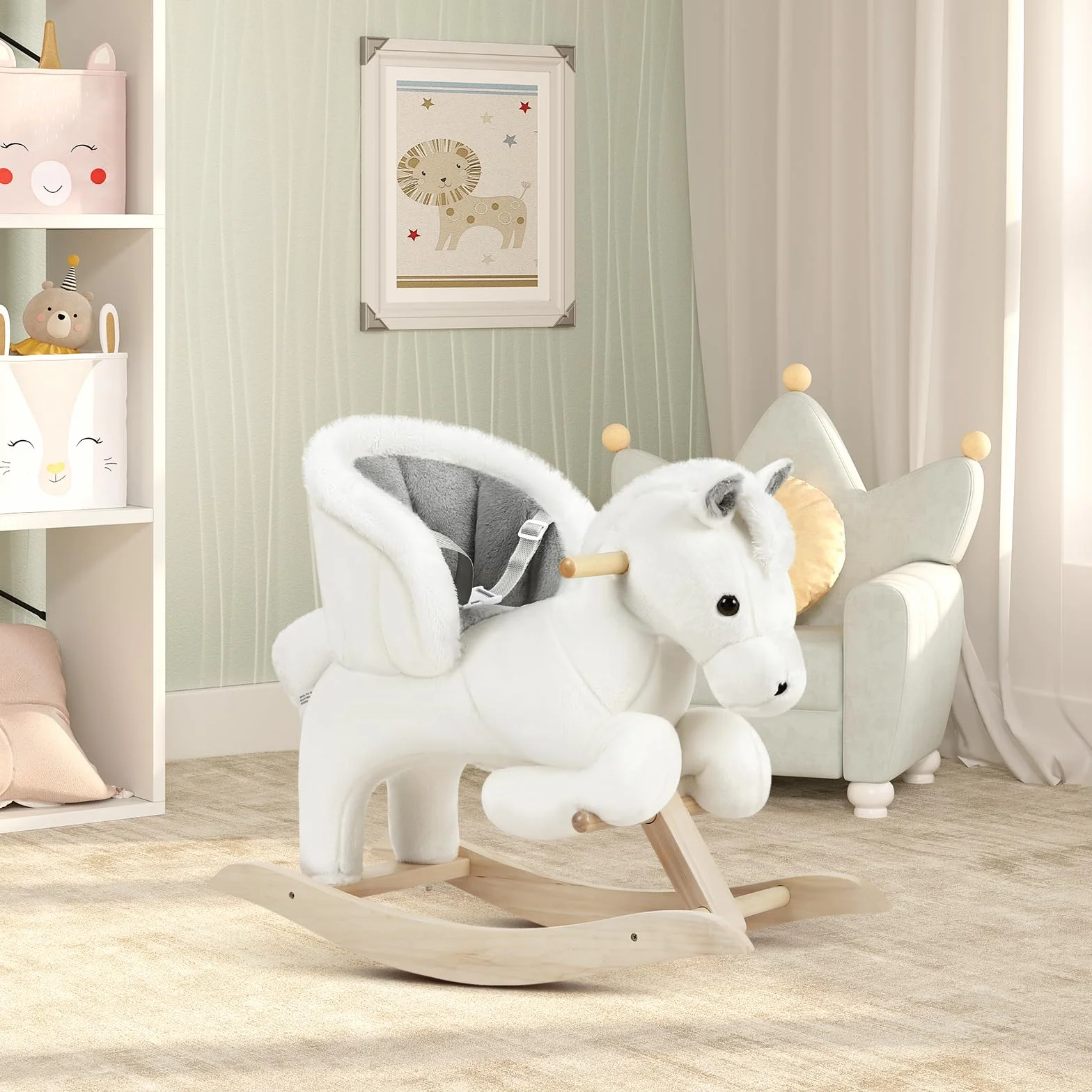 WOLTU Cheval à Bascule en Peluche, Animal à Bascule pour 1-3 Ans, Ceinture de Sécurité Effet Sonore Blanc Gris