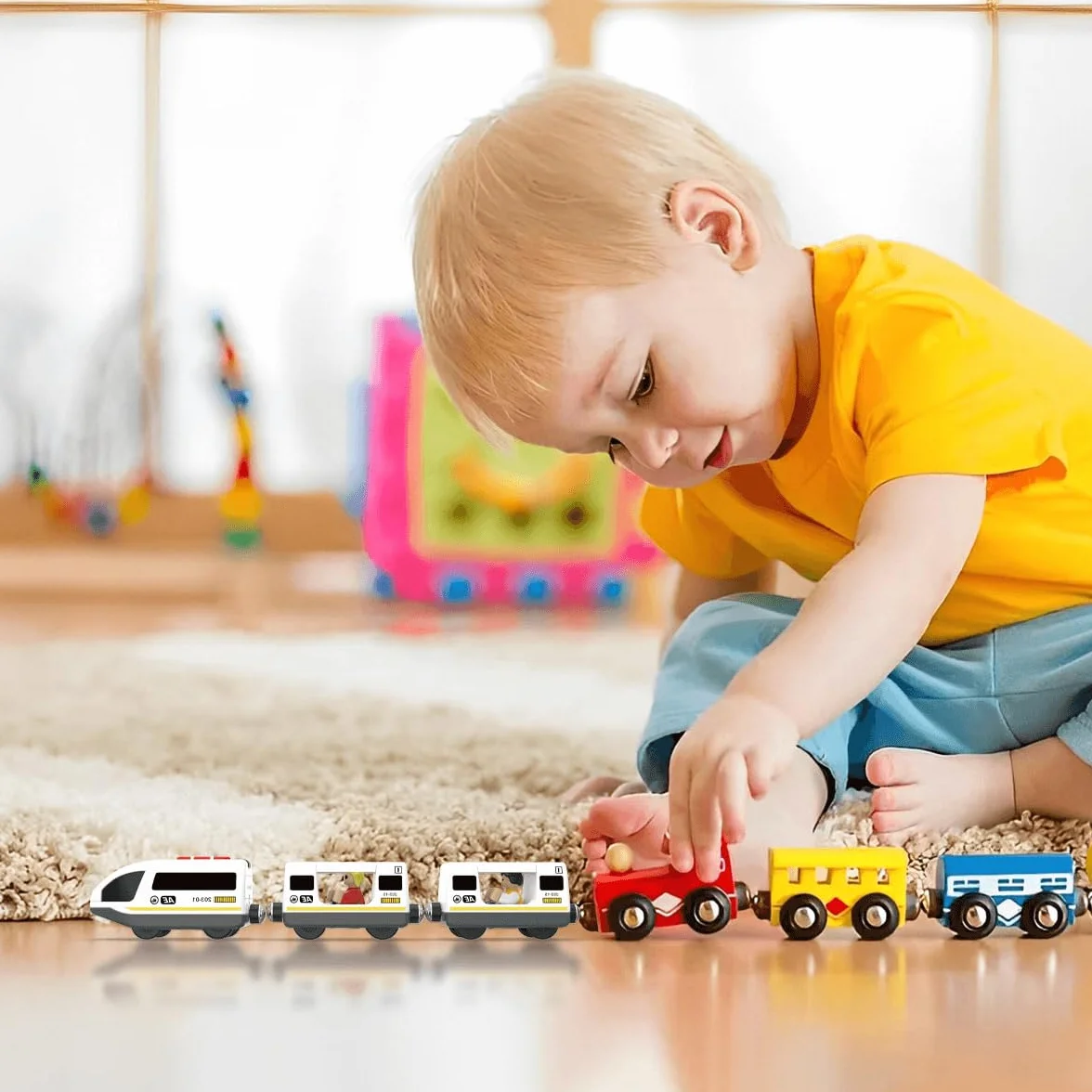 DxxD Train à Piles pour Chemin de Fer en Bois, Jouet Train de Locomotives Son et Lumière, Véhicules Électrique Enfant 3-8 Ans Compatible Brio Thomas