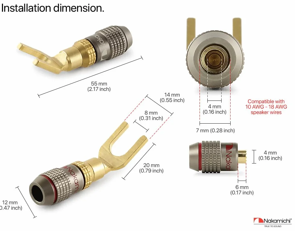 Nakamichi FanLock Connecteur à Fourche Fiche Banane plaquée or 24K 10 AWG - 18 AWG Calibre 4mm pour Haut-parleurs Amplificateur Hi-Fi Stéréo, 2 Pièces