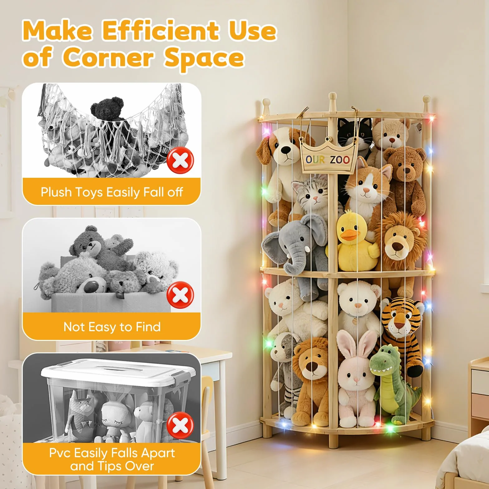 OUR ZOO Rangement d'angle pour doudou avec guirlandes lumineuses, double couche, bois, 90 cm, organisateur de jouets