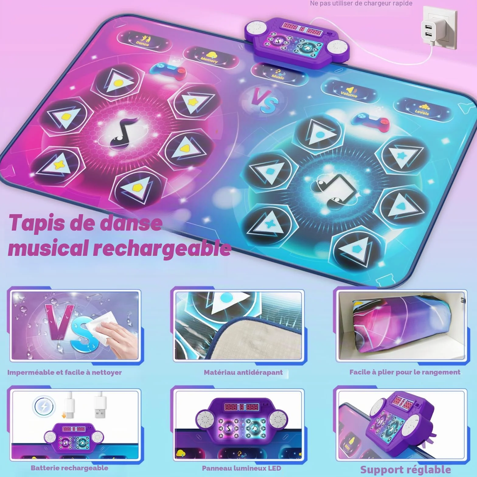 Tapis de Danse Rechargeable Double Joueur Taille Extra-Large 150x96 cm avec Musique Mode Défi Piano Lumières LED Cadeau Enfants 3-12 Ans
