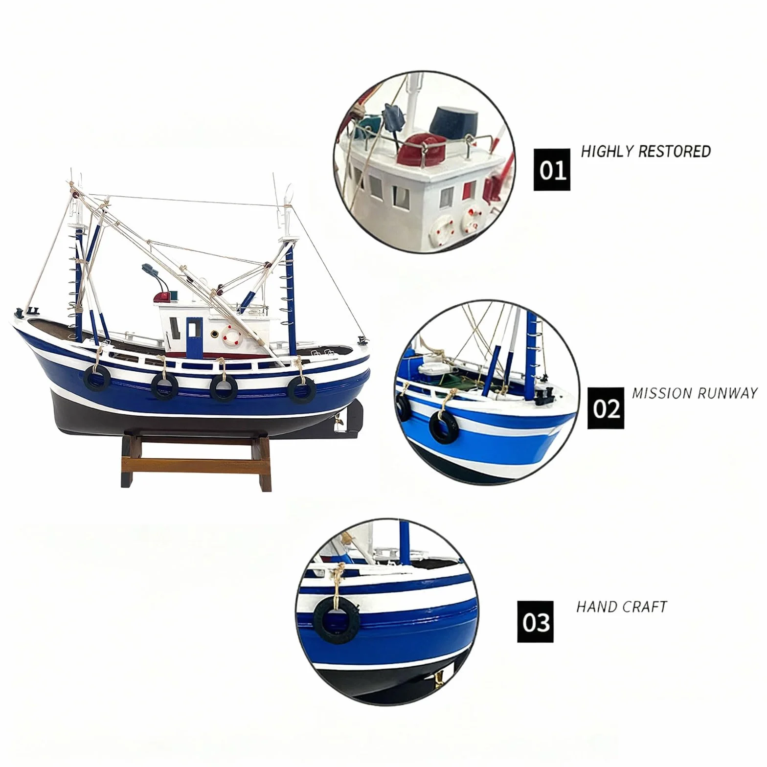 YLME Maquette De Bateau Maquette Finie De Bateau De Pêche Simuler Décoration De Bateau De Pêche en Bois Faite À La Main Décoration De La Maison Cadeau Souvenir,Bleu