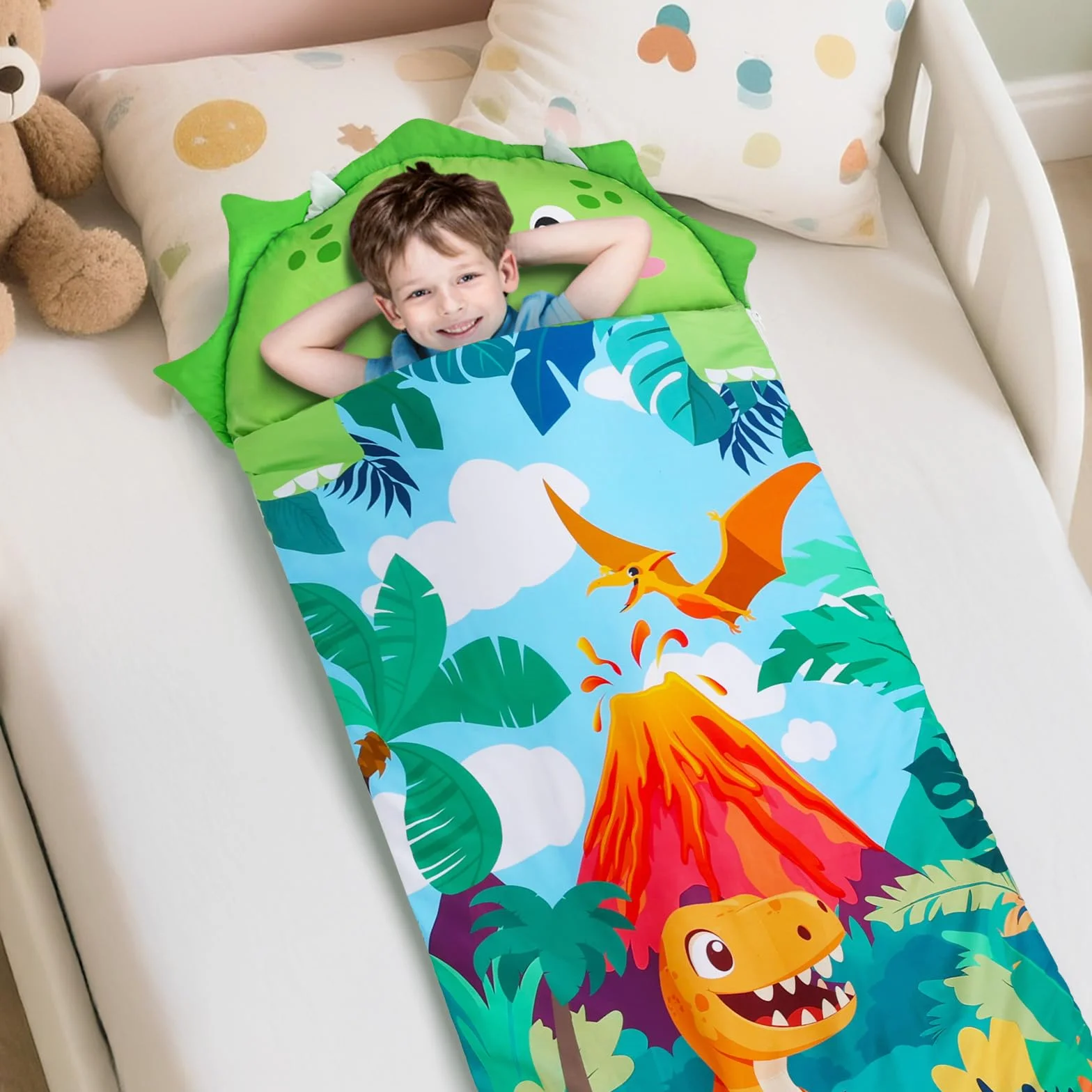 Decalsweet Sac de Couchage Enfant avec Oreiller Amovible, Tapis de Sieste Double Fermeture Eclair 150×60cm