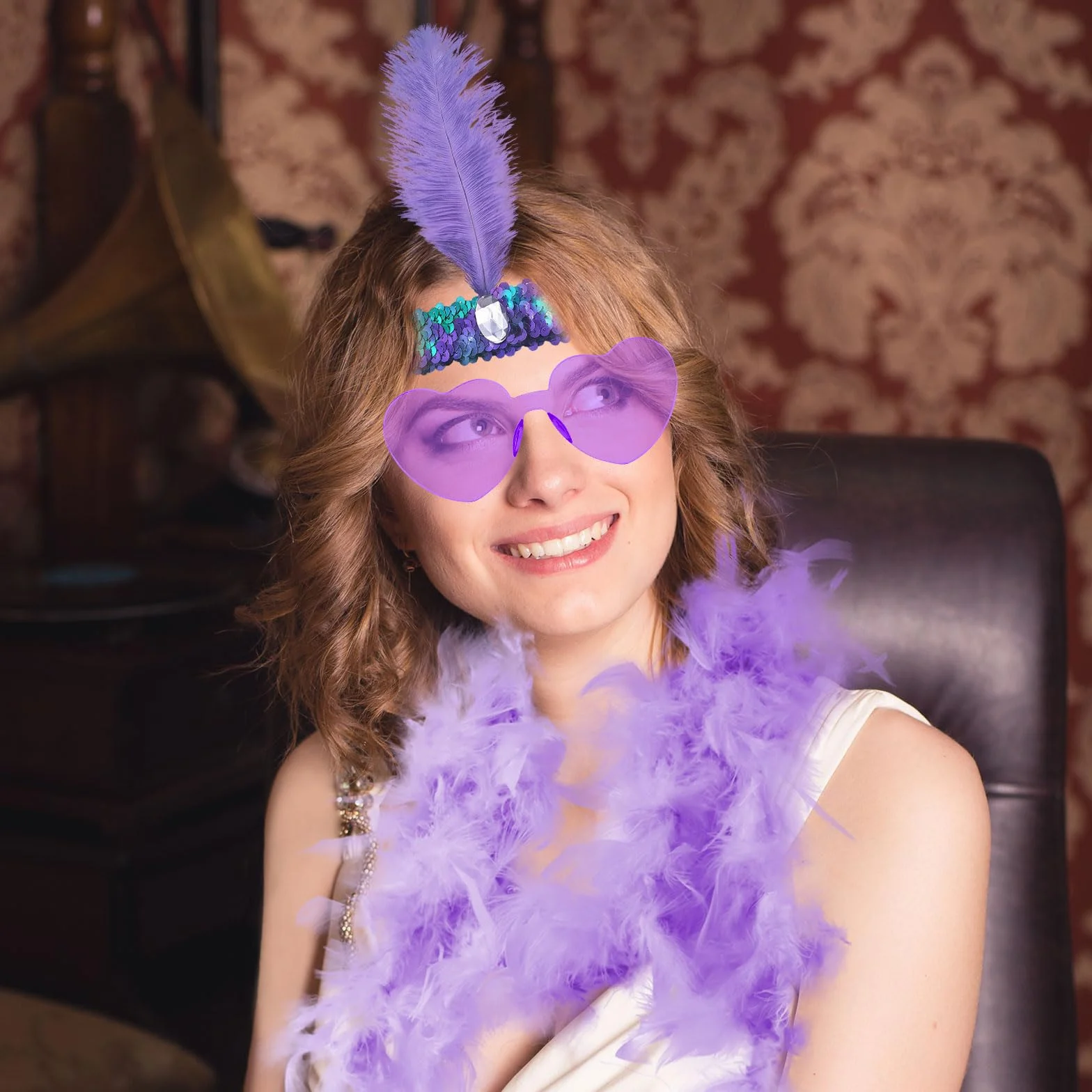 Boa à Plumes en Forme de Cœur, Lunettes de Soleil Sans Monture Strass, Bandeau Cheveux pour Halloween Noël Cosplay