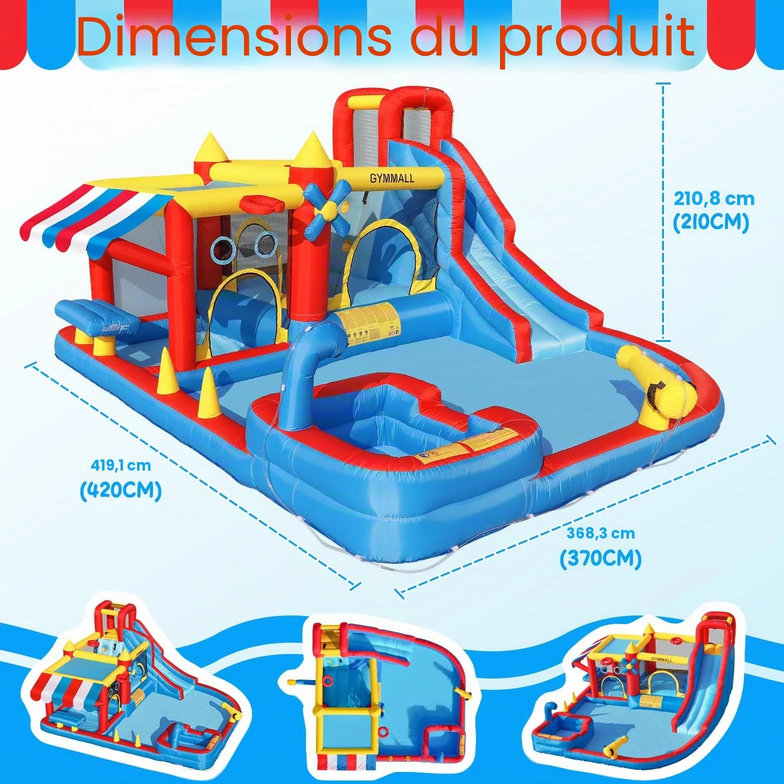 Château Gonflable 10-en-1 Enfants avec Toboggan Aquatique, Pataugeoire, Trampoline, Souffleur 550W