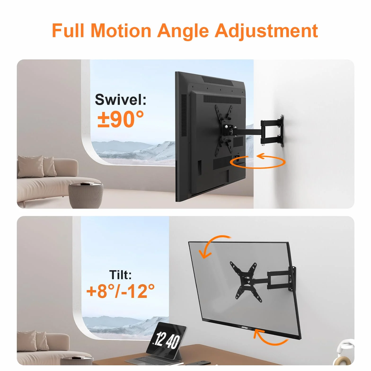 GRIFEMA Support Mural TV 13-43 Pouces Fixation Murale Orientable Inclinable VESA 20KG