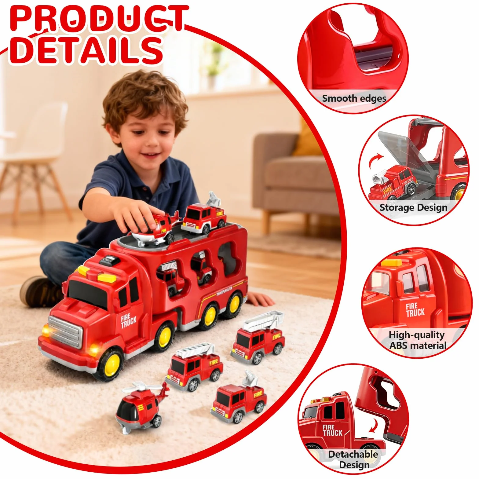 Camion de Pompiers 5 en 1 Jouet avec 4 Véhicules, Sons et Lumières Transporteur à Friction pour Enfants 3-6 Ans
