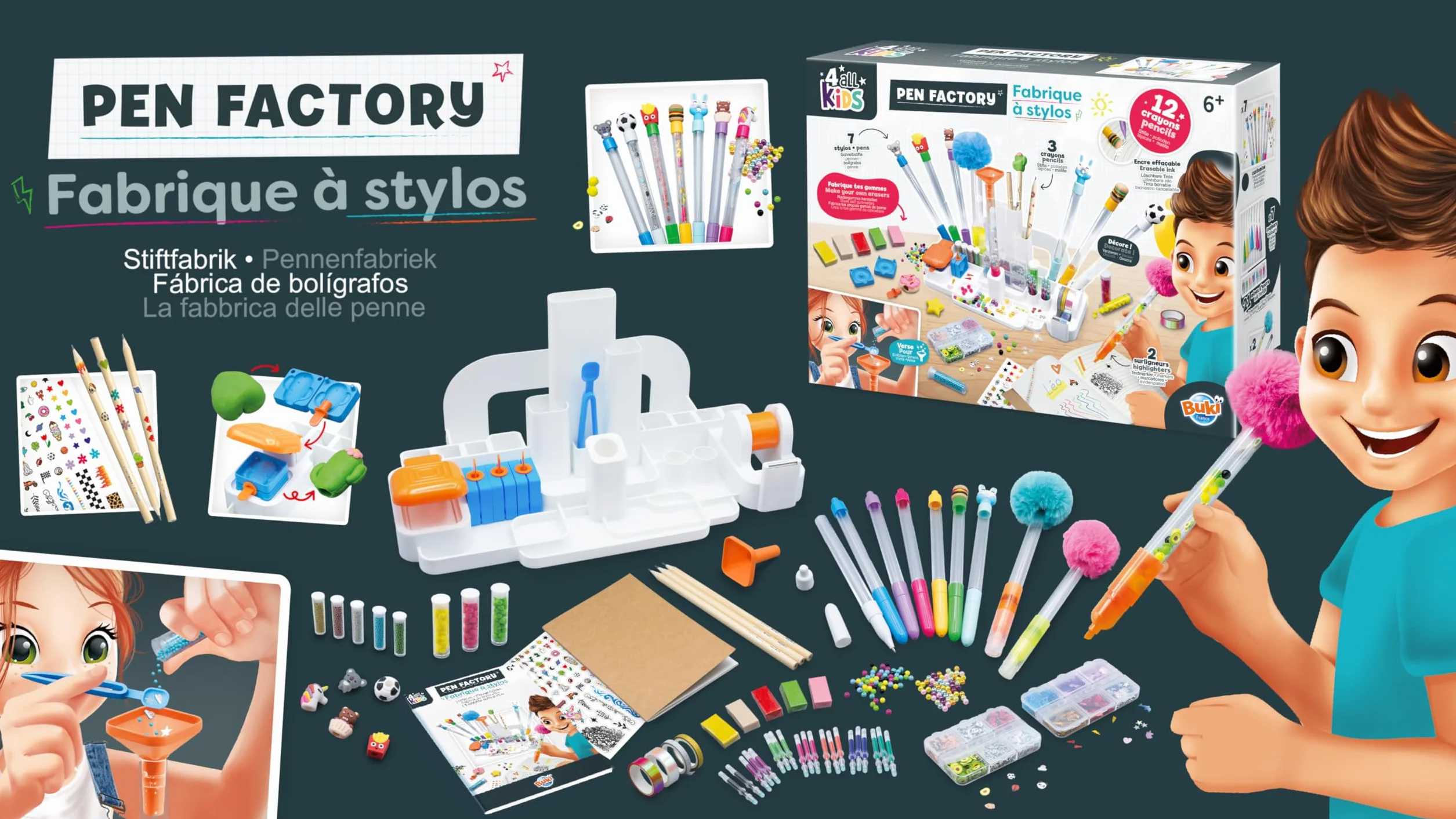 Buki Fabrique à stylos Station Customisation Crayons Bureau Kit Créatif Enfant dès 6 Ans Stylos Stickers Masking Tape Gommes Accessoires DIY FK007