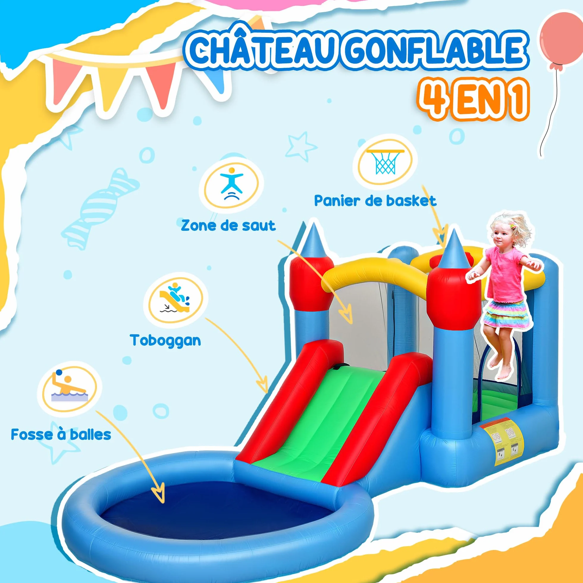 AIYAPLAY Château Gonflable 4 en 1 avec Toboggans, Trampoline, Panier de Basket, Piscine à Balles, pour Enfants 3-8 Ans