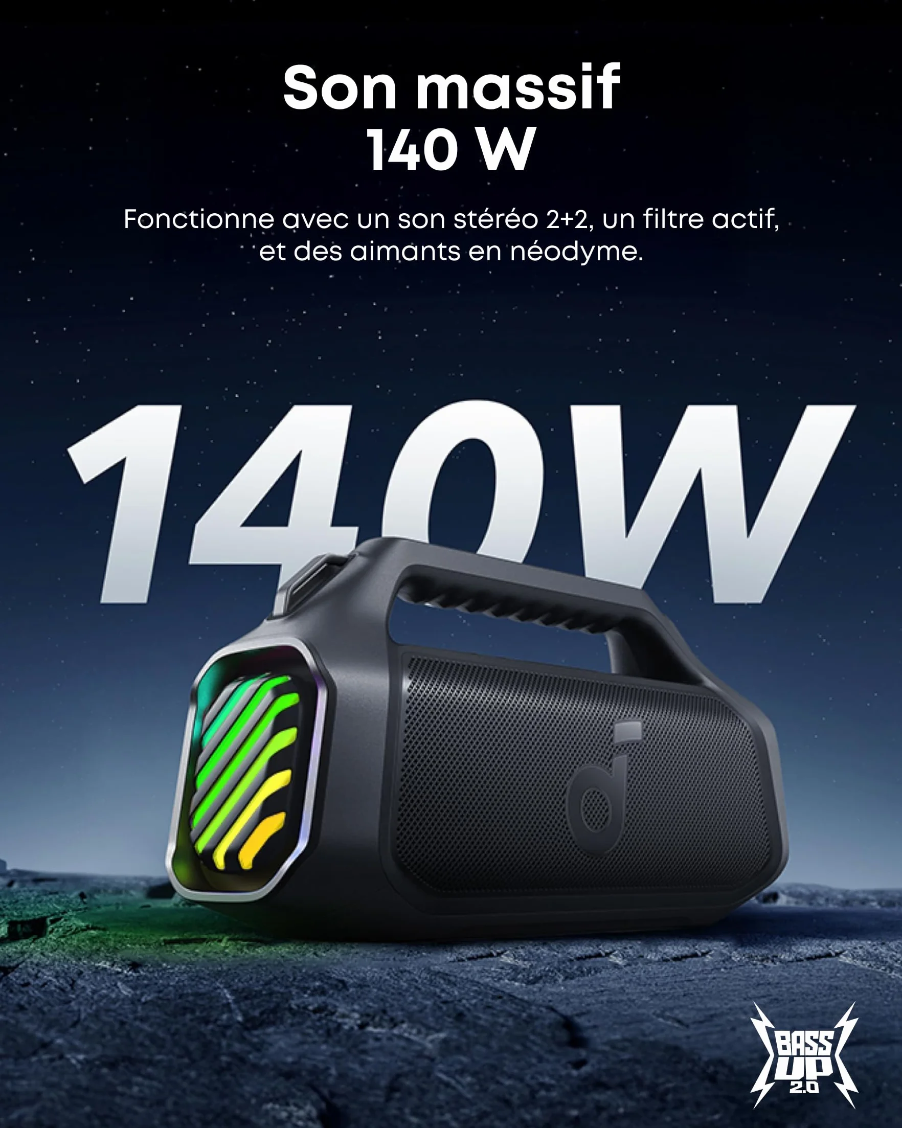 Soundcore Boom 2 Plus Enceinte Bluetooth 140W BassUp 2.0 IPX7 20h USB-C