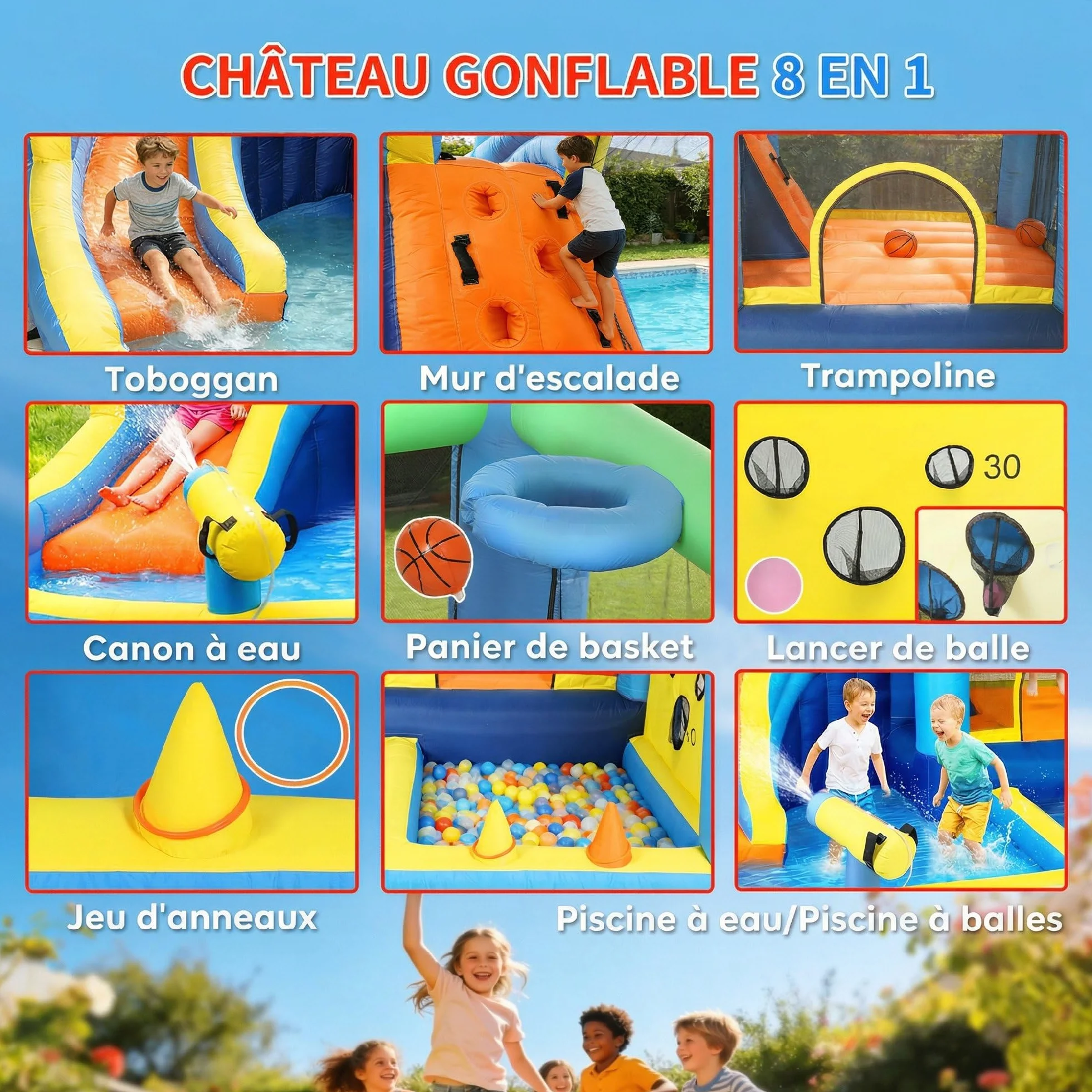 AIYAPLAY Château gonflable 8 en 1 350x320x190cm avec souffleur toboggan trampoline piscine à balles