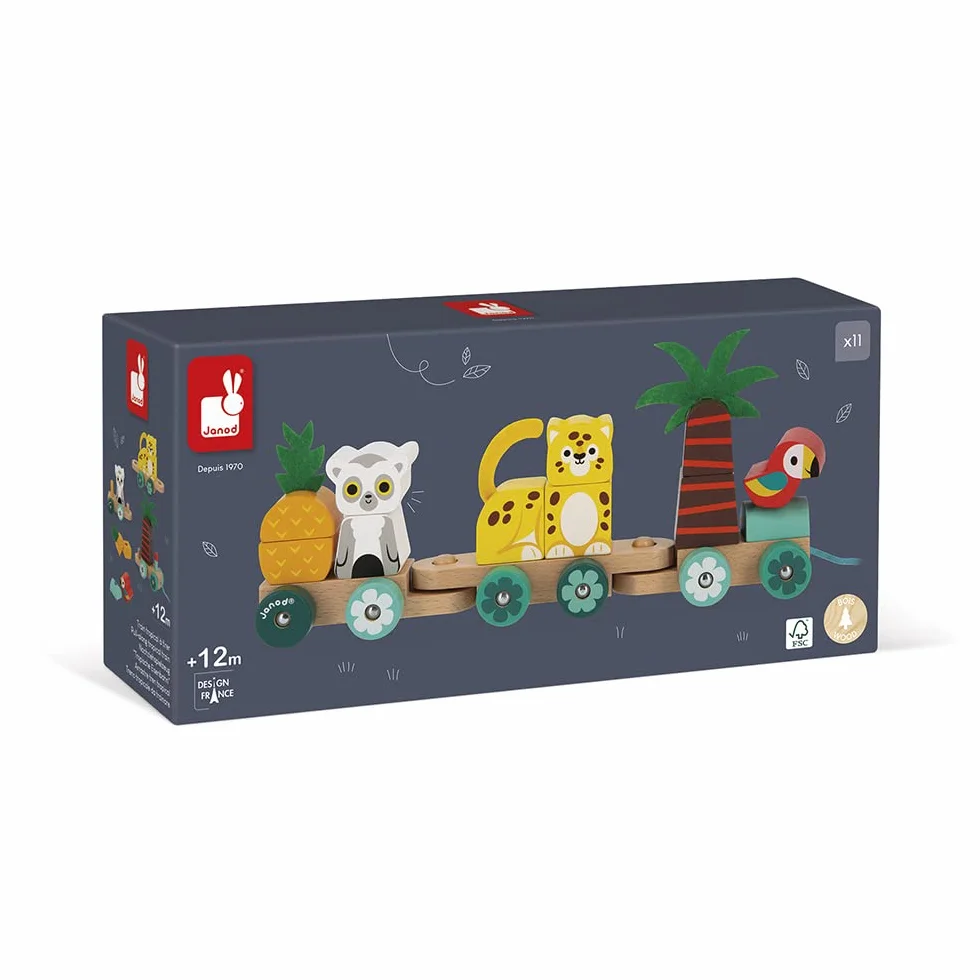 Janod Train Tropical à Tirer Tropik Jouet en Bois 11 Pièces 3 Wagons Motricité Coordination Main Œil FSC Dès 1 an