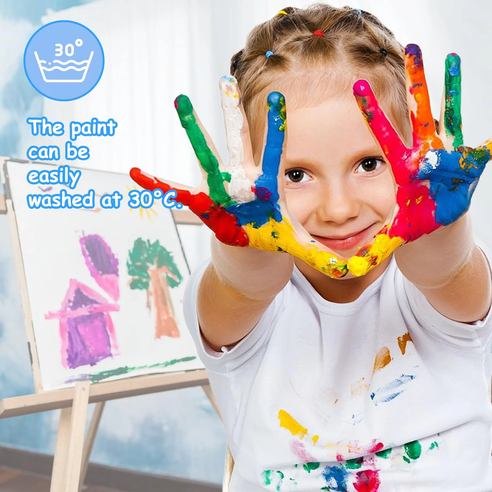 USHOP Kit Peinture au Doigt Lavable Enfants 51Pcs Non Toxique 12 Couleurs avec Pinceaux Palette Tablier